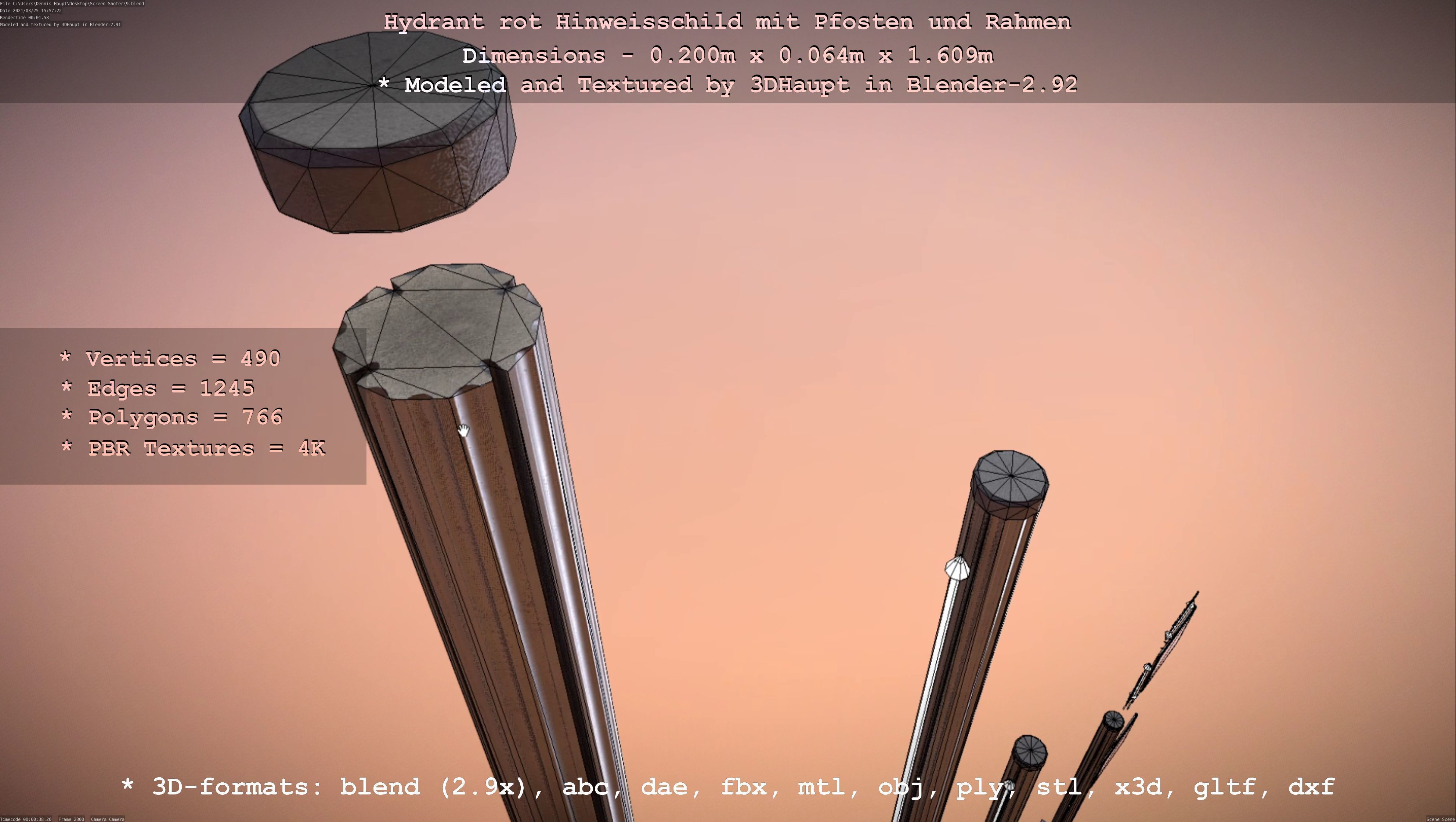 Hinweisschild Hydrant Rot mit Pfosten und Rahmen Low-poly 3D model_60