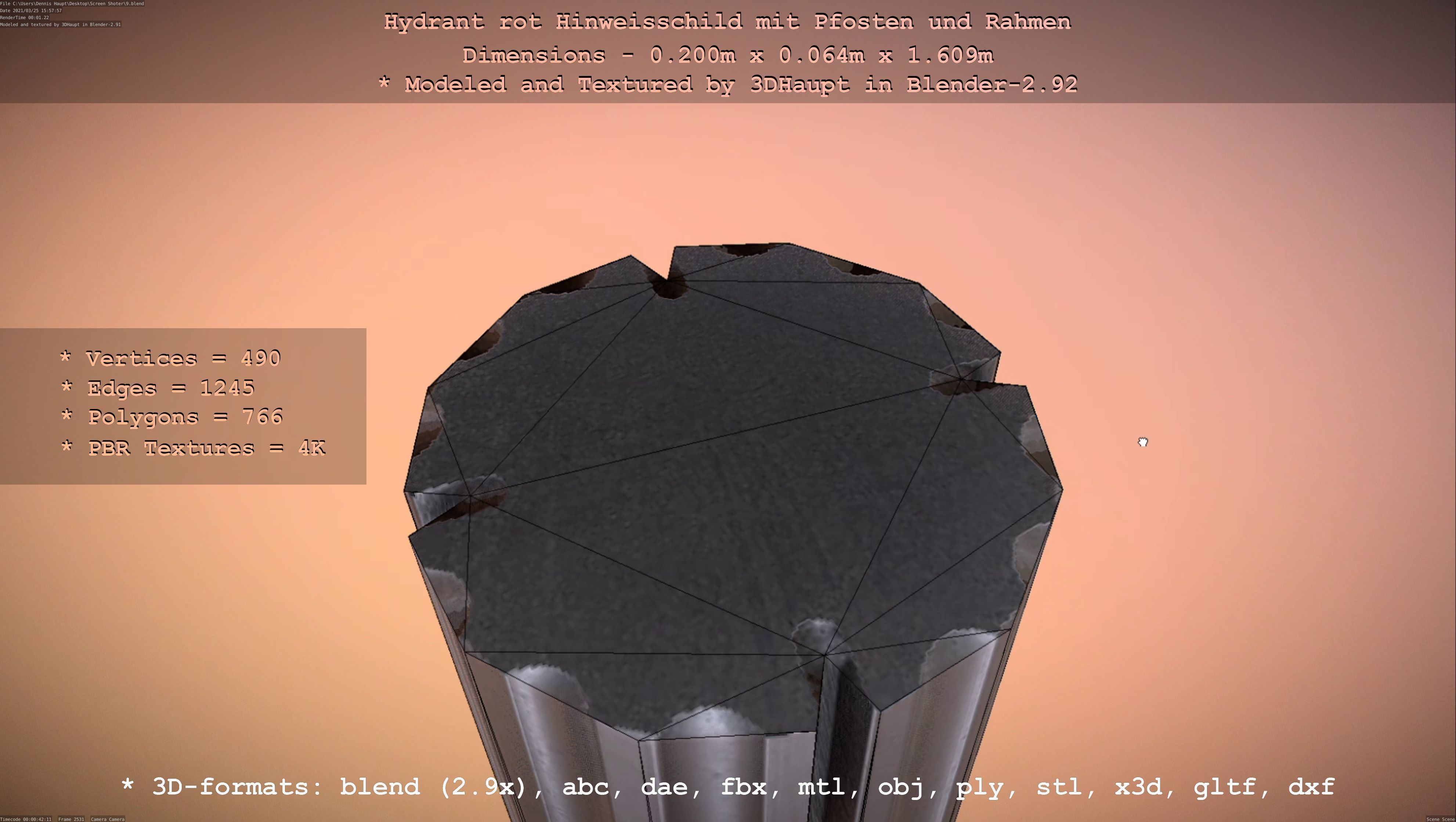 Hinweisschild Hydrant Rot mit Pfosten und Rahmen Low-poly 3D model_67