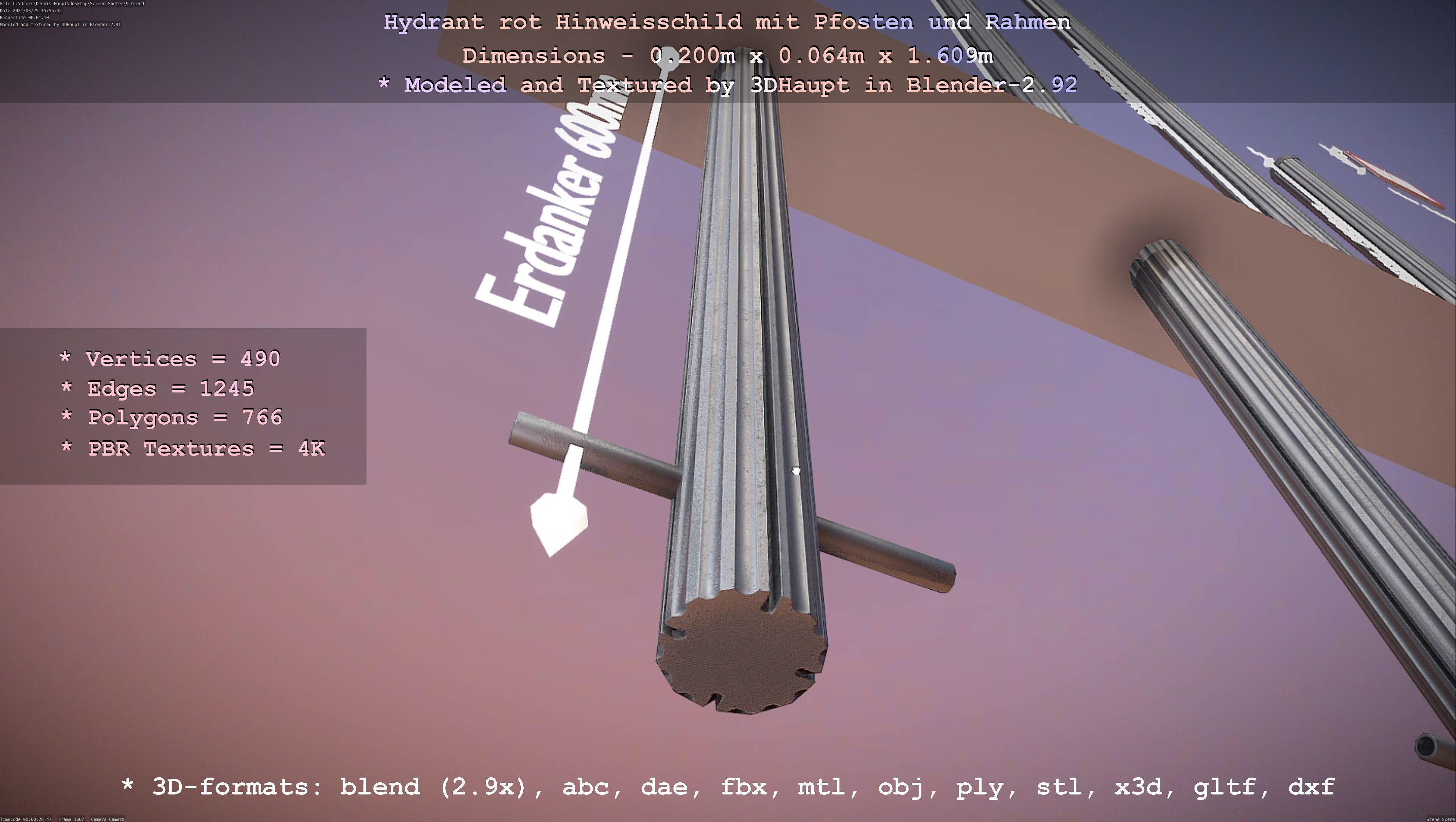 Hinweisschild Hydrant Rot mit Pfosten und Rahmen Low-poly 3D model_5