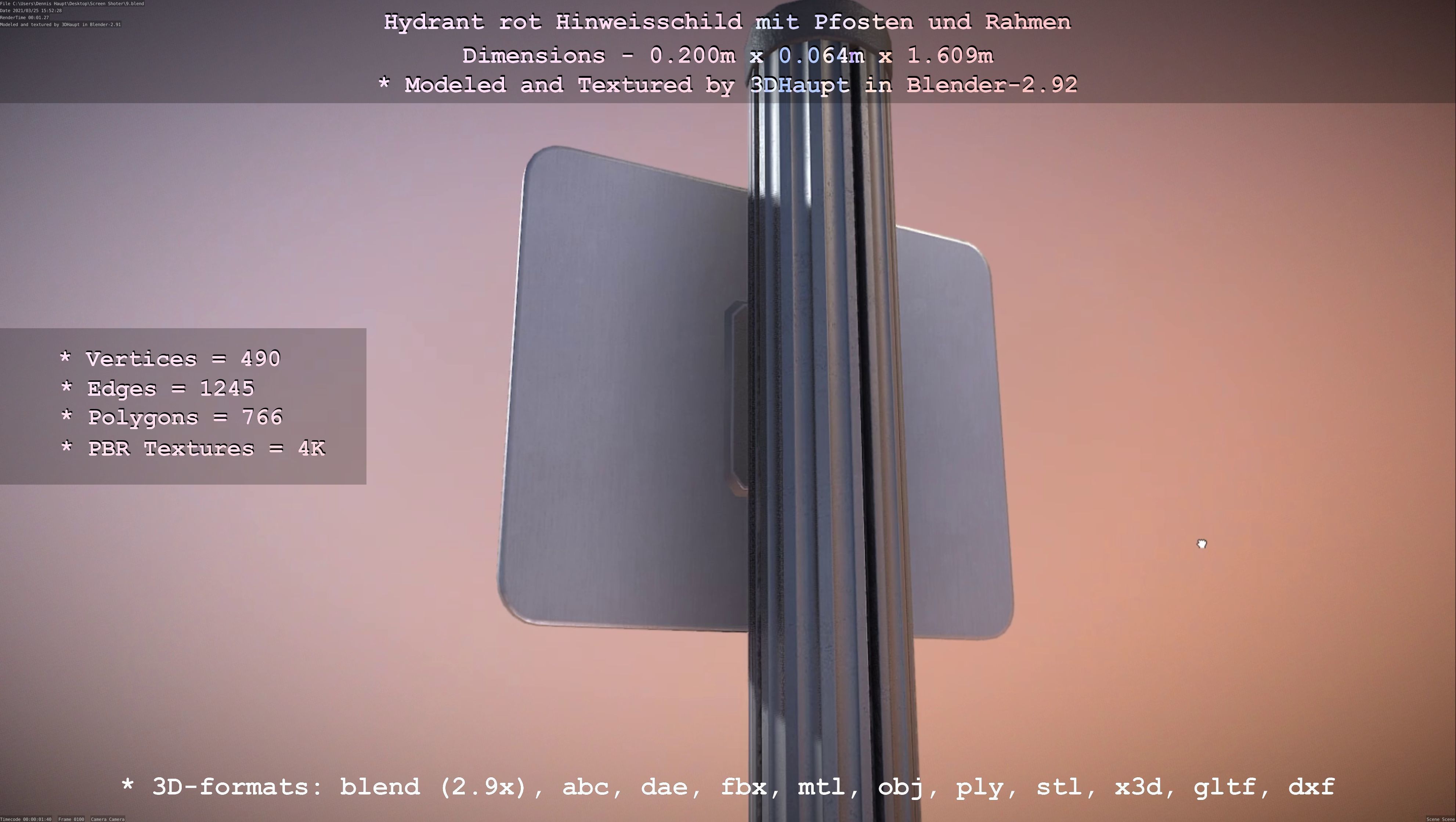 Hinweisschild Hydrant Rot mit Pfosten und Rahmen Low-poly 3D model_116