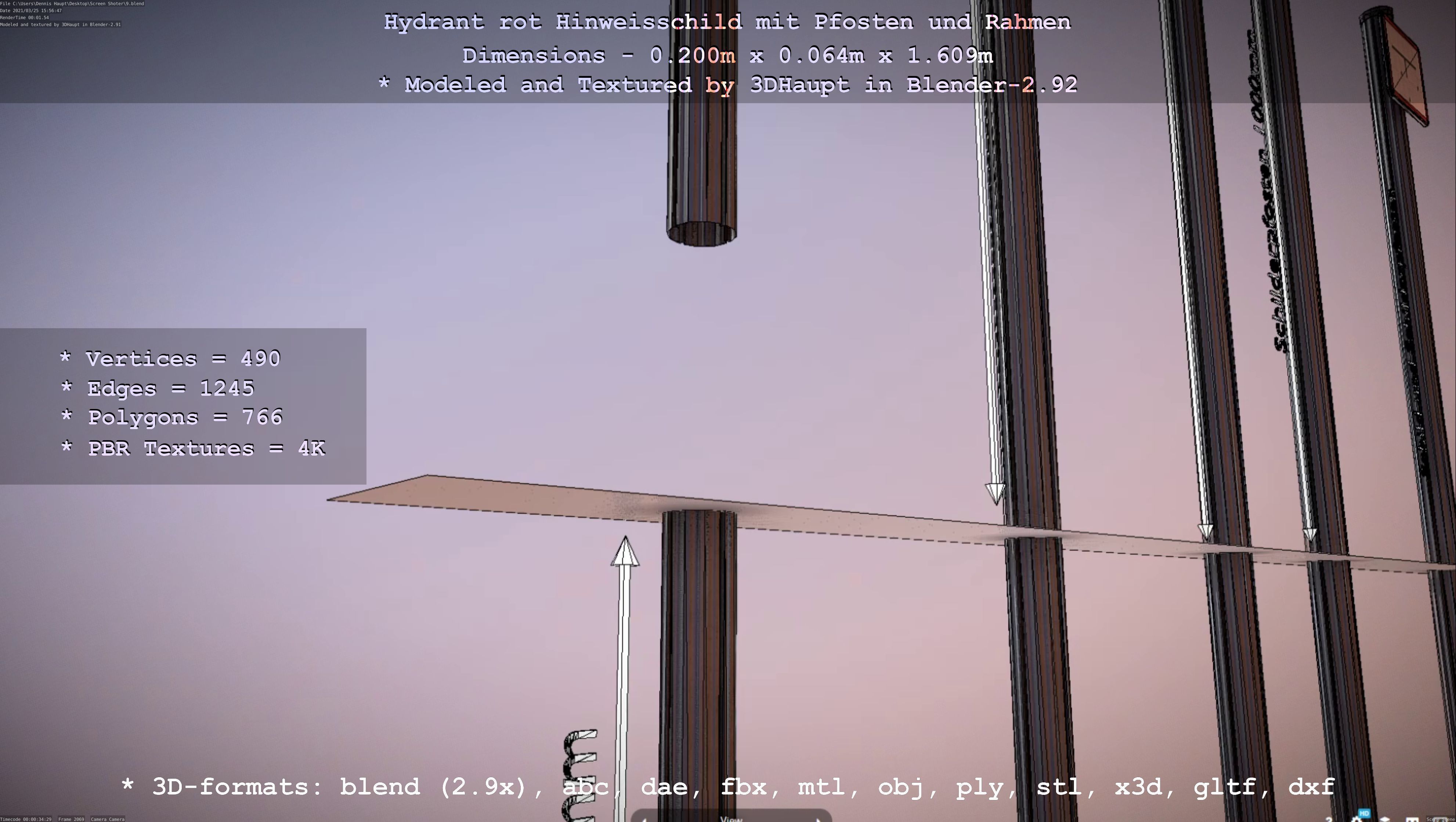 Hinweisschild Hydrant Rot mit Pfosten und Rahmen Low-poly 3D model_52