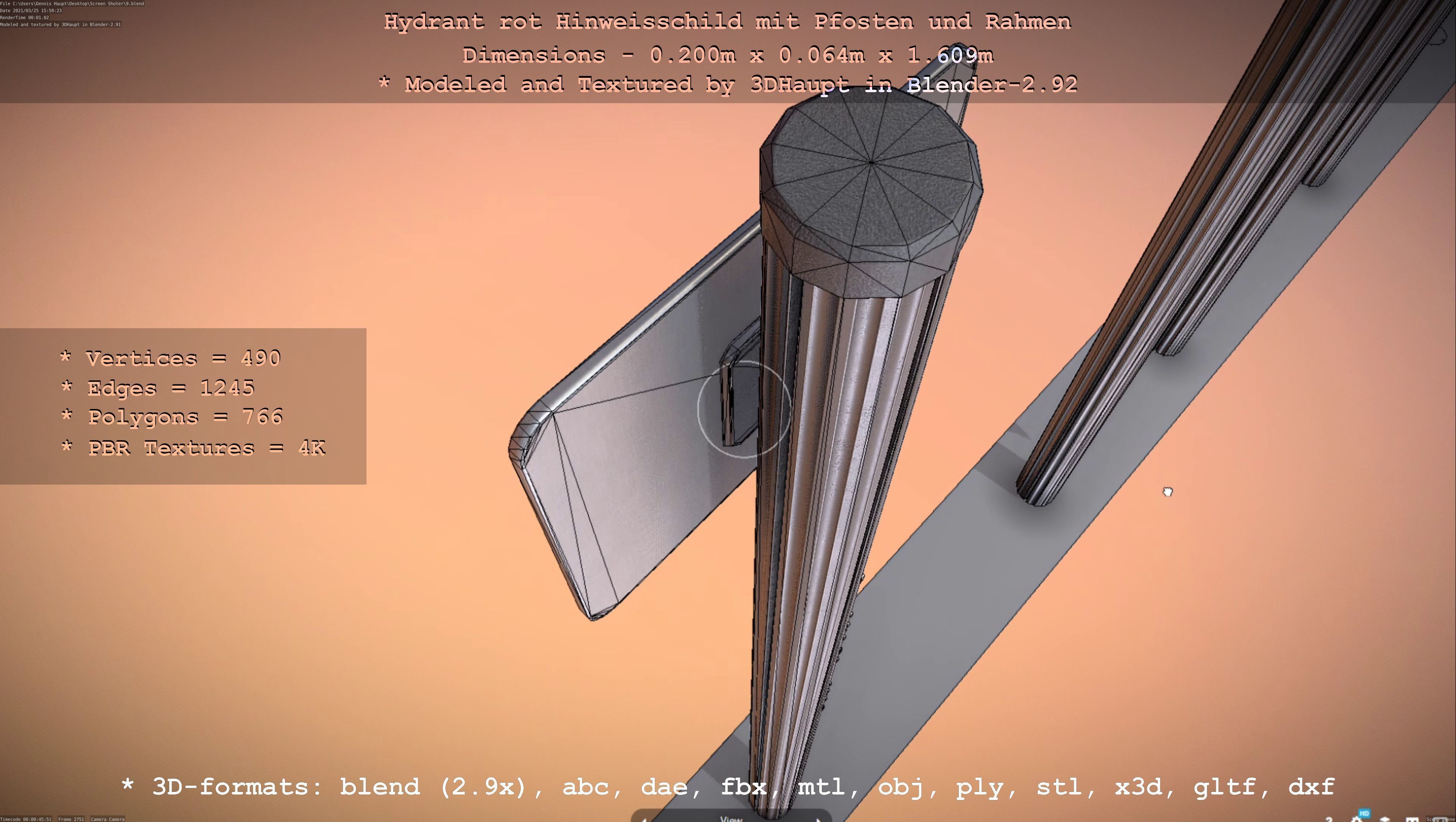 Hinweisschild Hydrant Rot mit Pfosten und Rahmen Low-poly 3D model_78