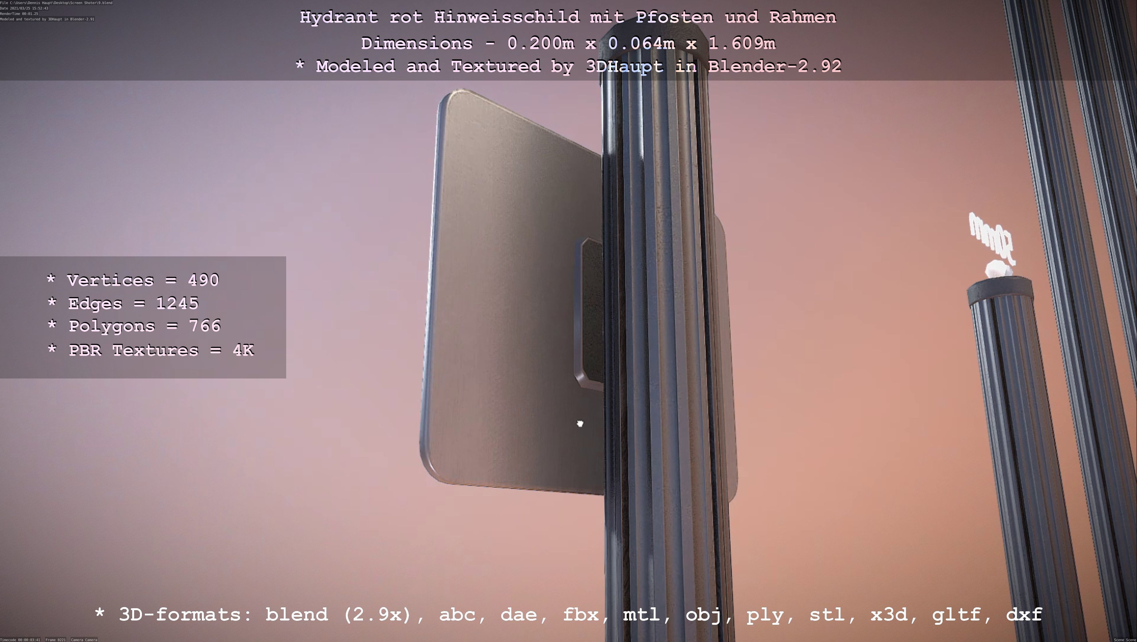 Hinweisschild Hydrant Rot mit Pfosten und Rahmen Low-poly 3D model_26