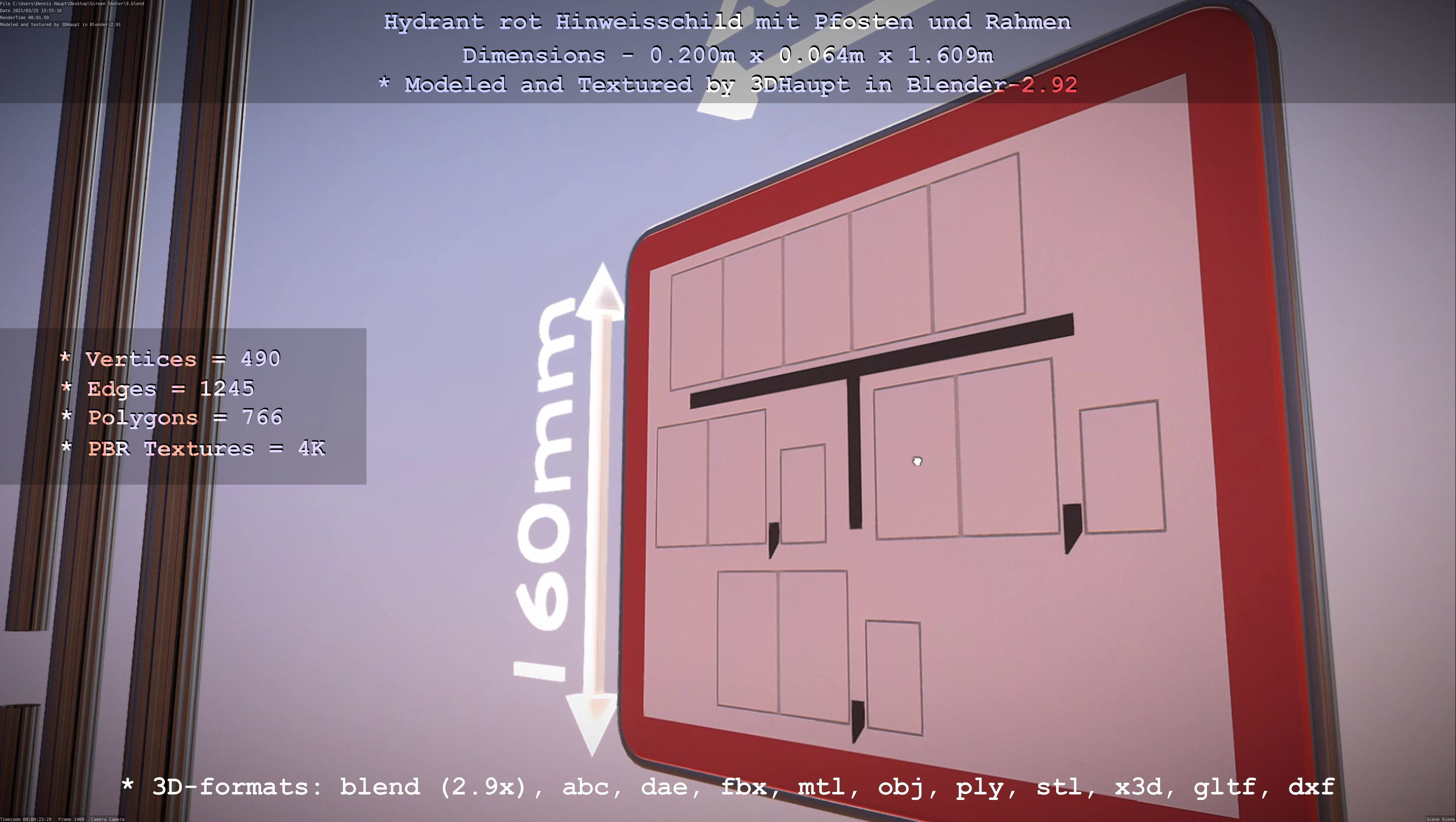 Hinweisschild Hydrant Rot mit Pfosten und Rahmen Low-poly 3D model_3