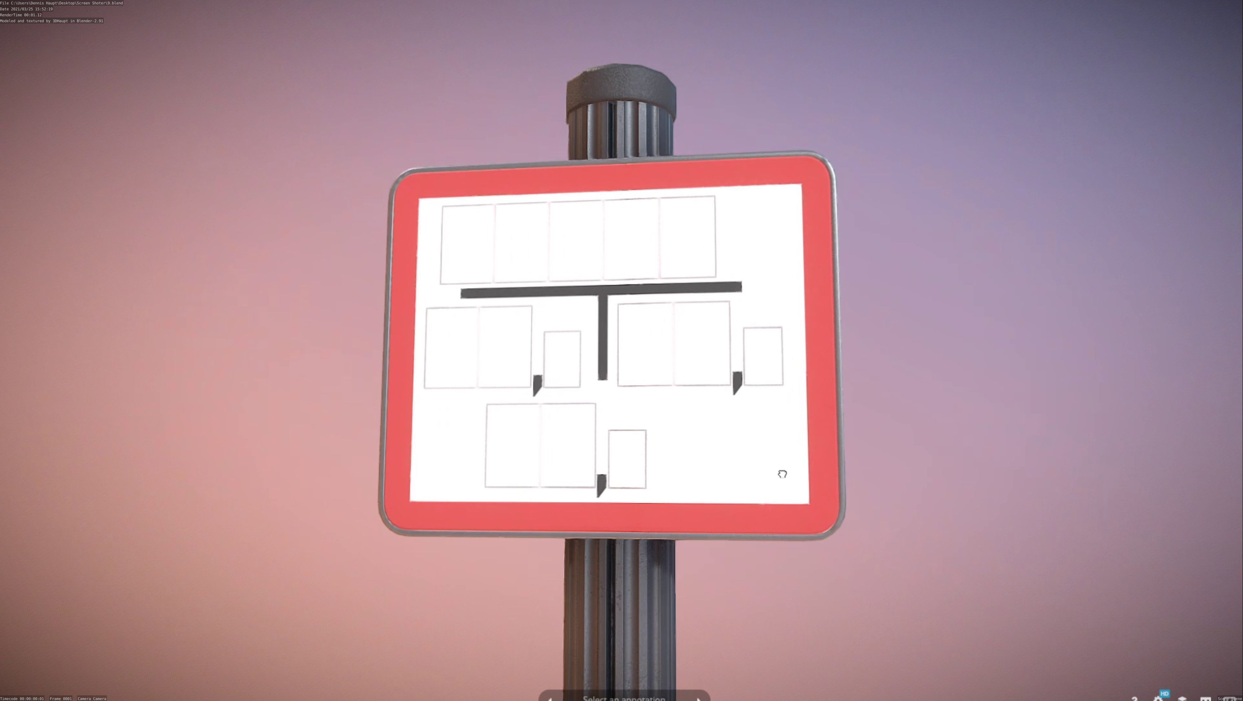 Hinweisschild Hydrant Rot mit Pfosten und Rahmen Low-poly 3D model_105