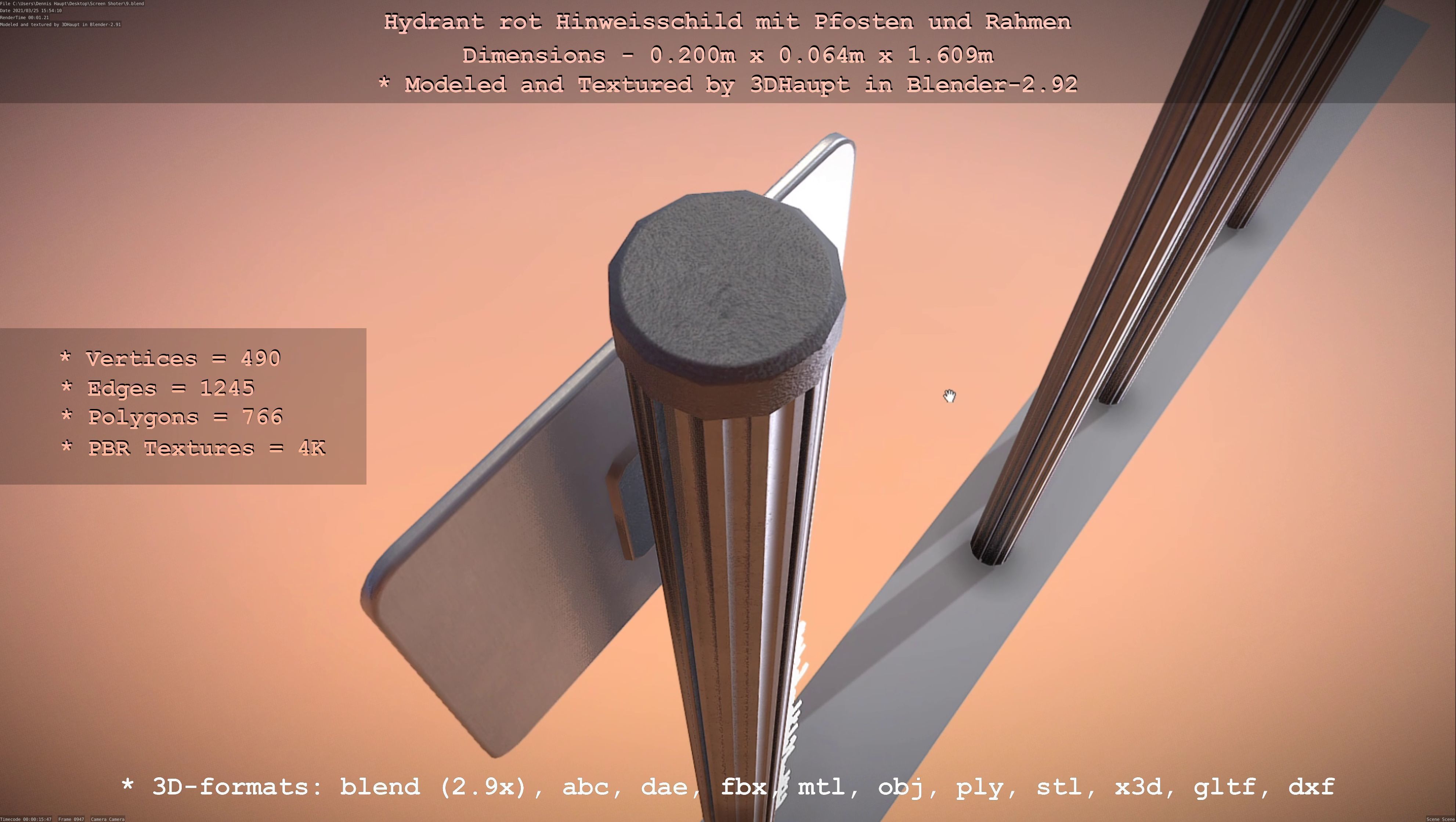 Hinweisschild Hydrant Rot mit Pfosten und Rahmen Low-poly 3D model_31