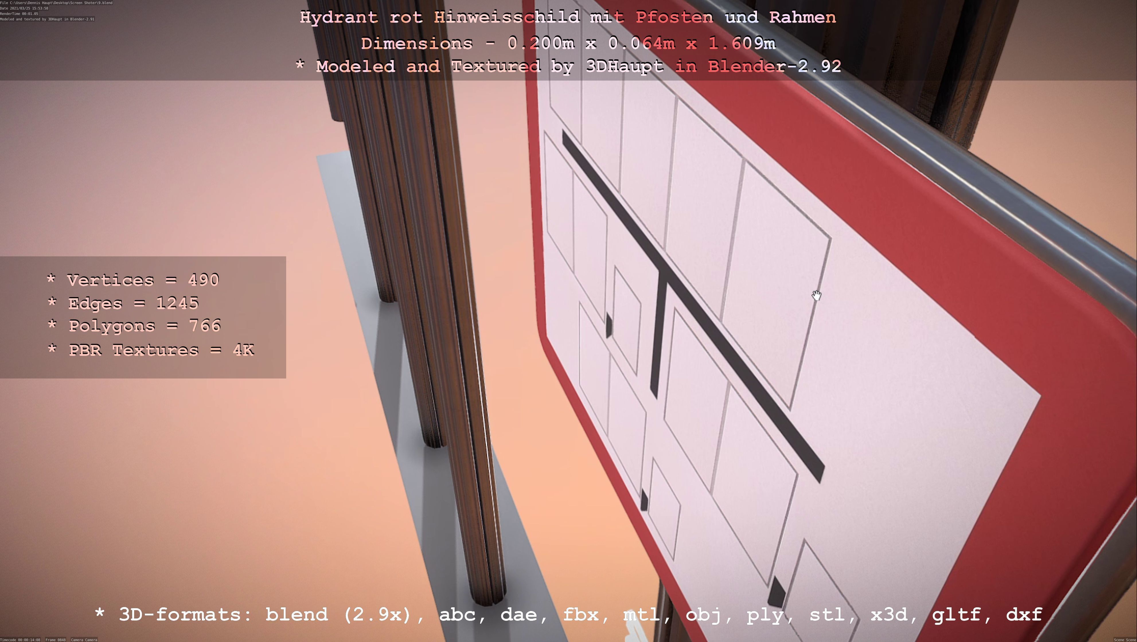 Hinweisschild Hydrant Rot mit Pfosten und Rahmen Low-poly 3D model_104