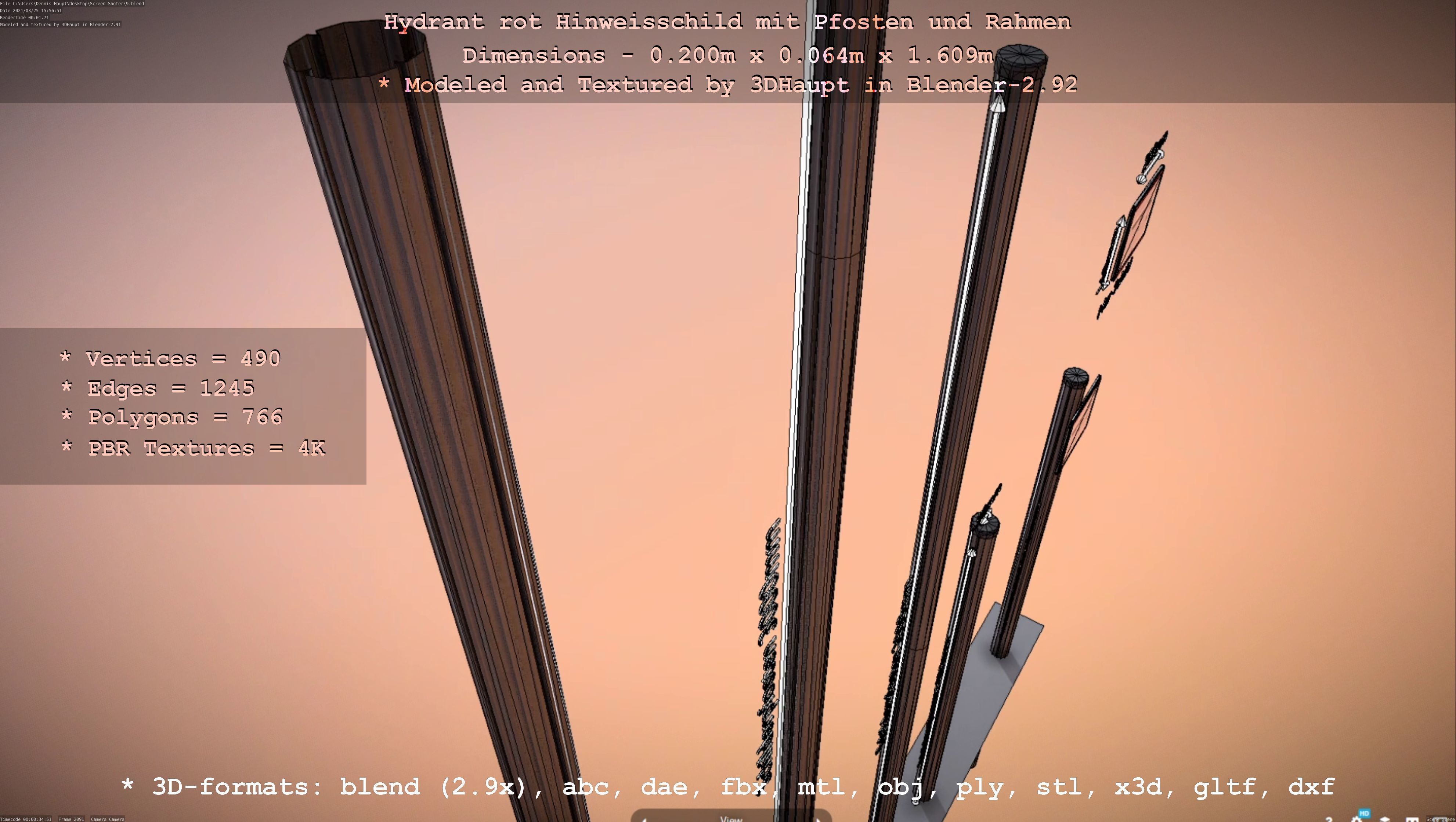 Hinweisschild Hydrant Rot mit Pfosten und Rahmen Low-poly 3D model_54