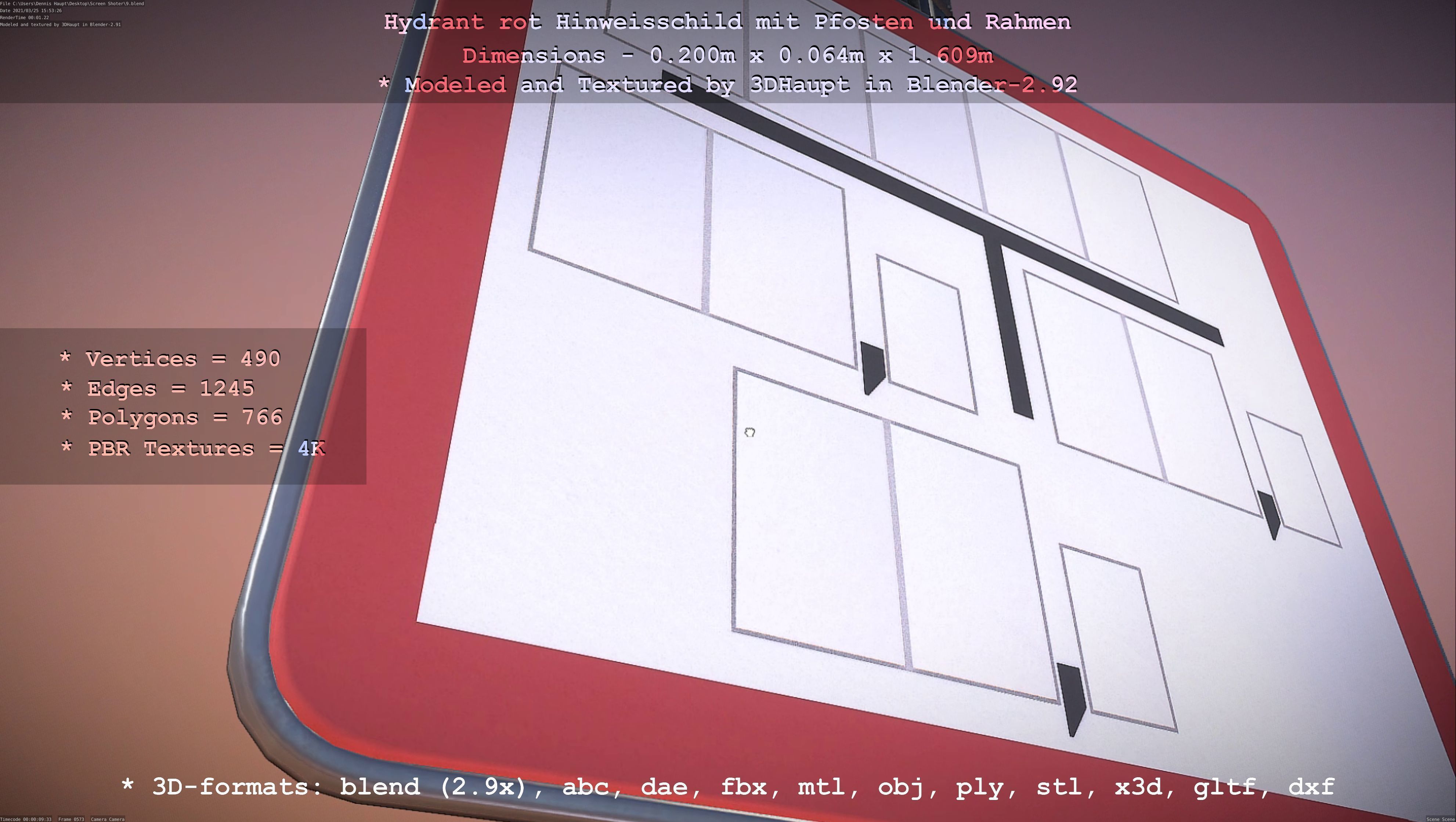 Hinweisschild Hydrant Rot mit Pfosten und Rahmen Low-poly 3D model_136