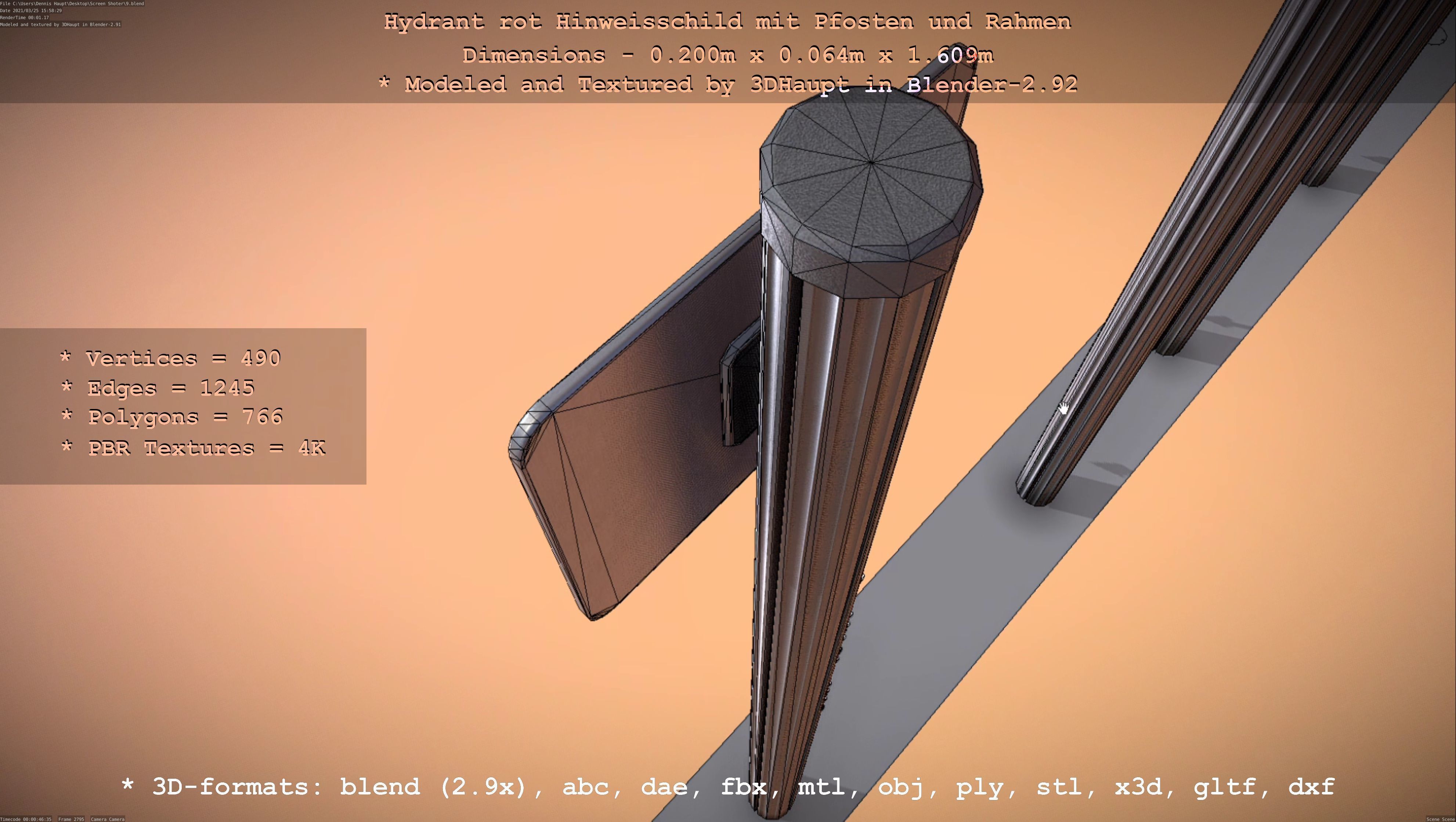 Hinweisschild Hydrant Rot mit Pfosten und Rahmen Low-poly 3D model_102