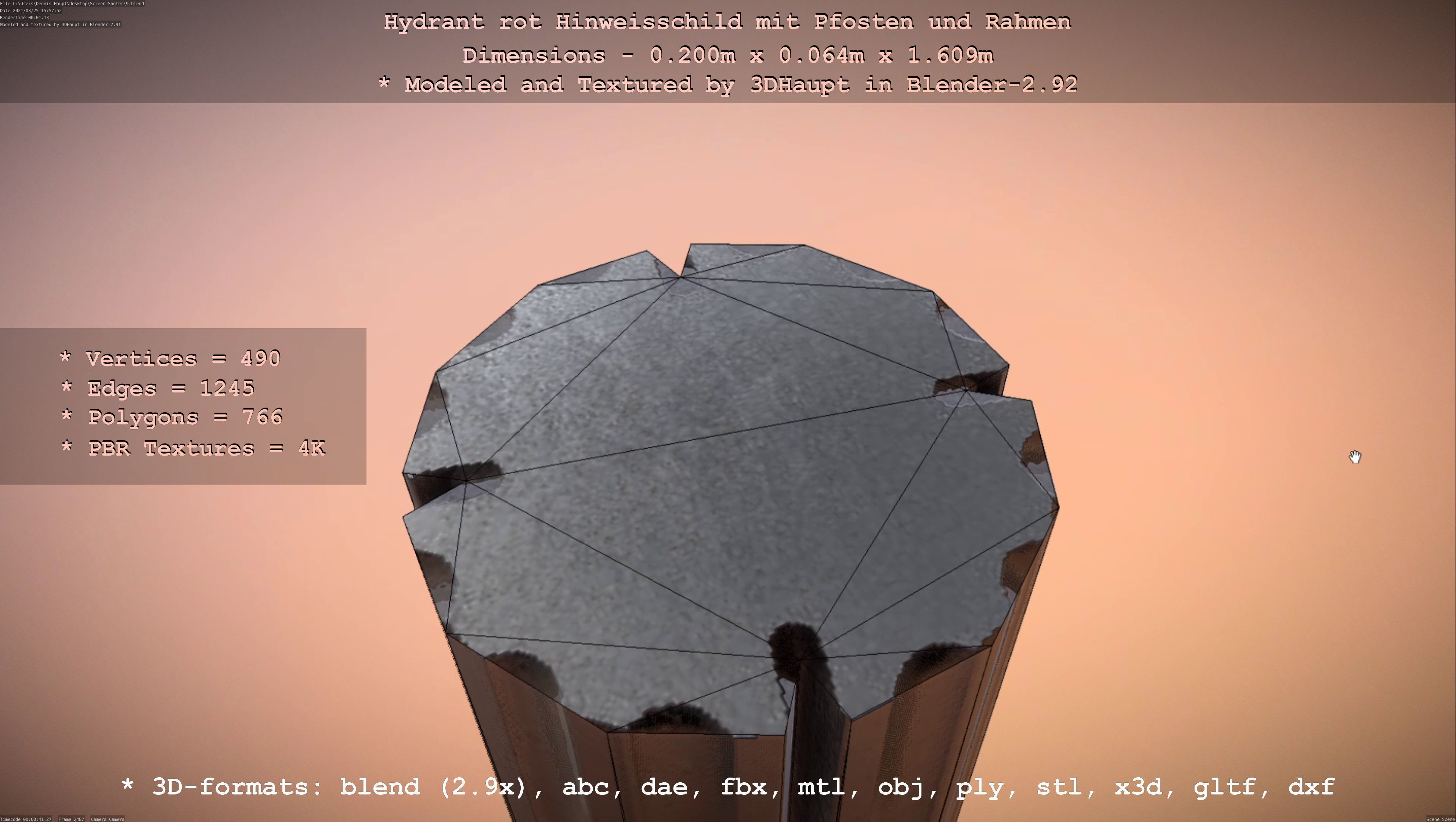 Hinweisschild Hydrant Rot mit Pfosten und Rahmen Low-poly 3D model_72