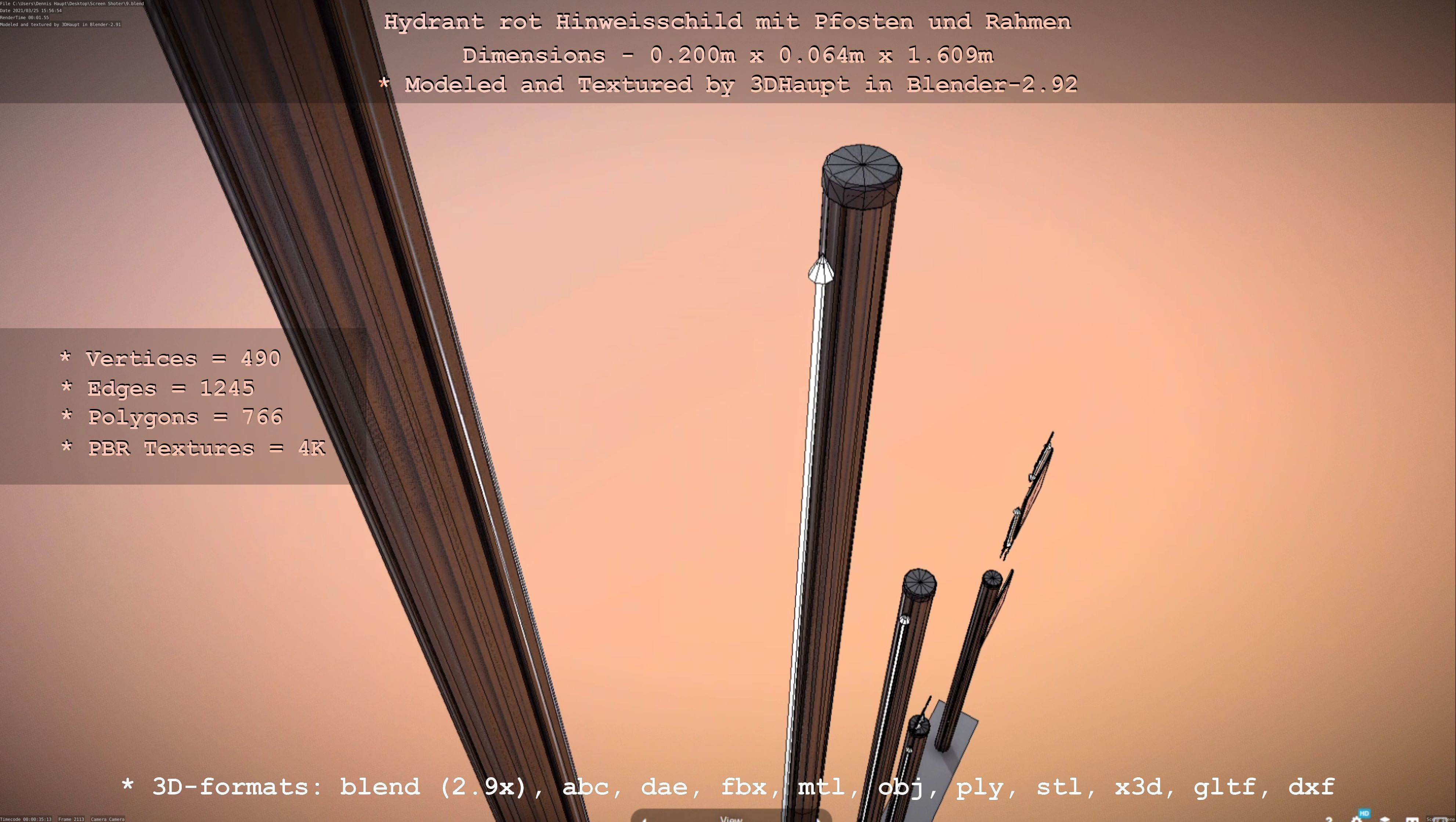 Hinweisschild Hydrant Rot mit Pfosten und Rahmen Low-poly 3D model_61