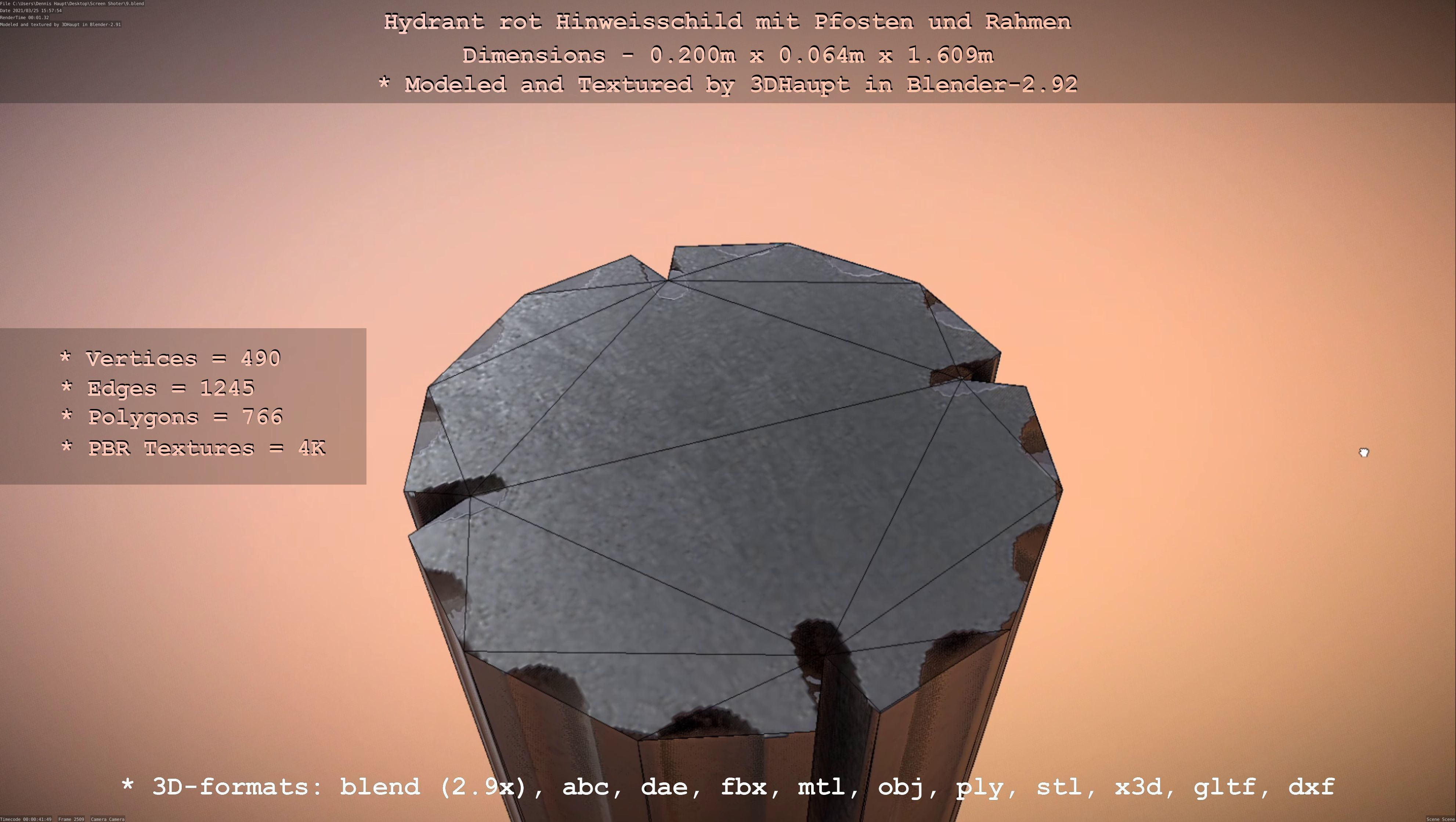 Hinweisschild Hydrant Rot mit Pfosten und Rahmen Low-poly 3D model_69