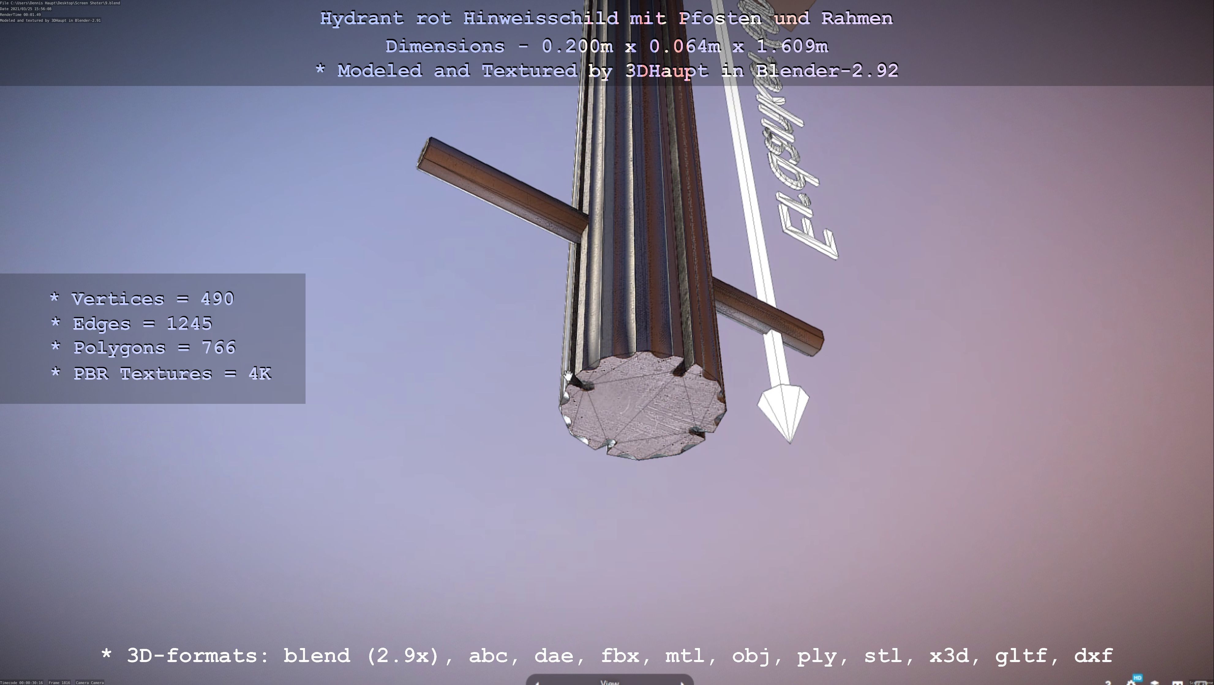 Hinweisschild Hydrant Rot mit Pfosten und Rahmen Low-poly 3D model_44