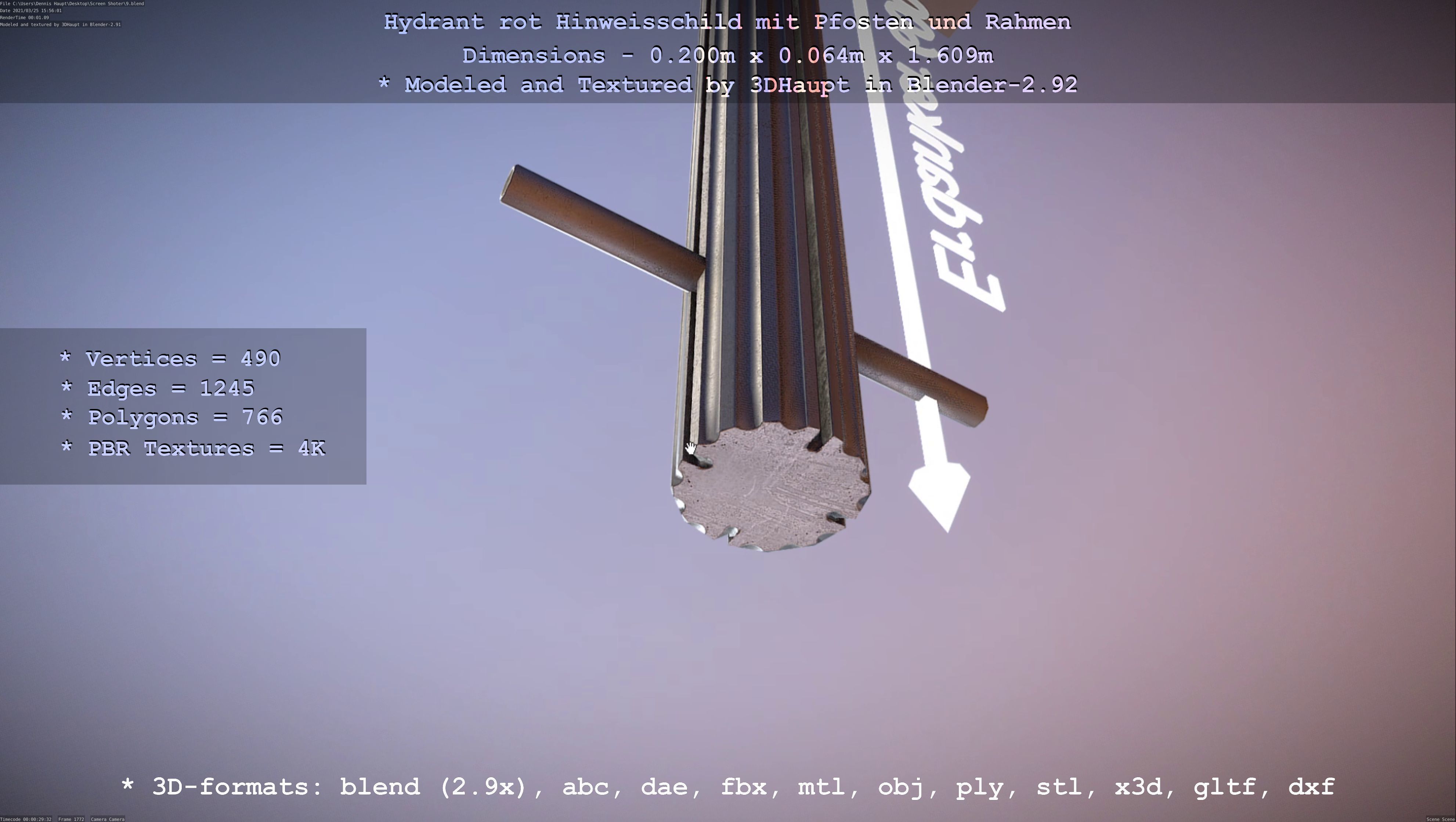 Hinweisschild Hydrant Rot mit Pfosten und Rahmen Low-poly 3D model_8