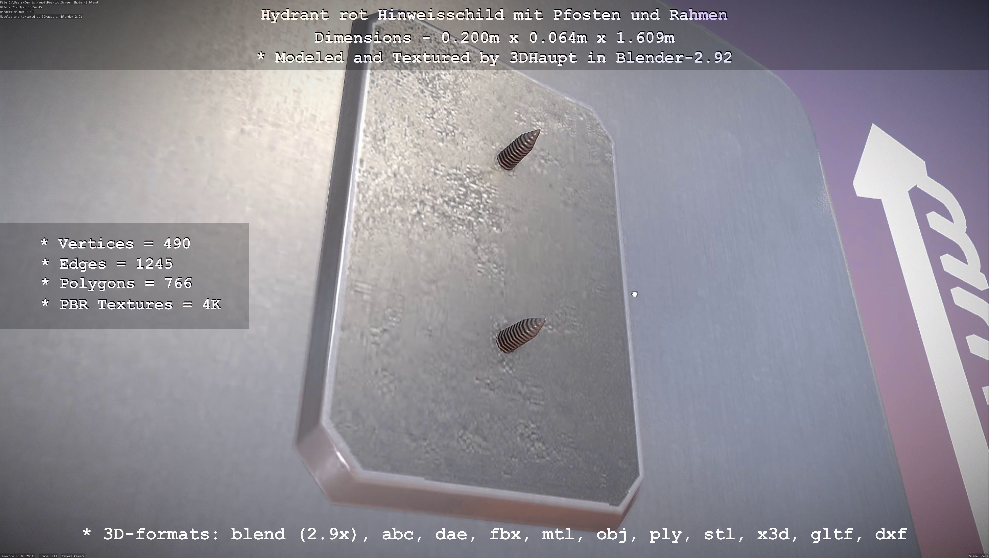 Hinweisschild Hydrant Rot mit Pfosten und Rahmen Low-poly 3D model_108