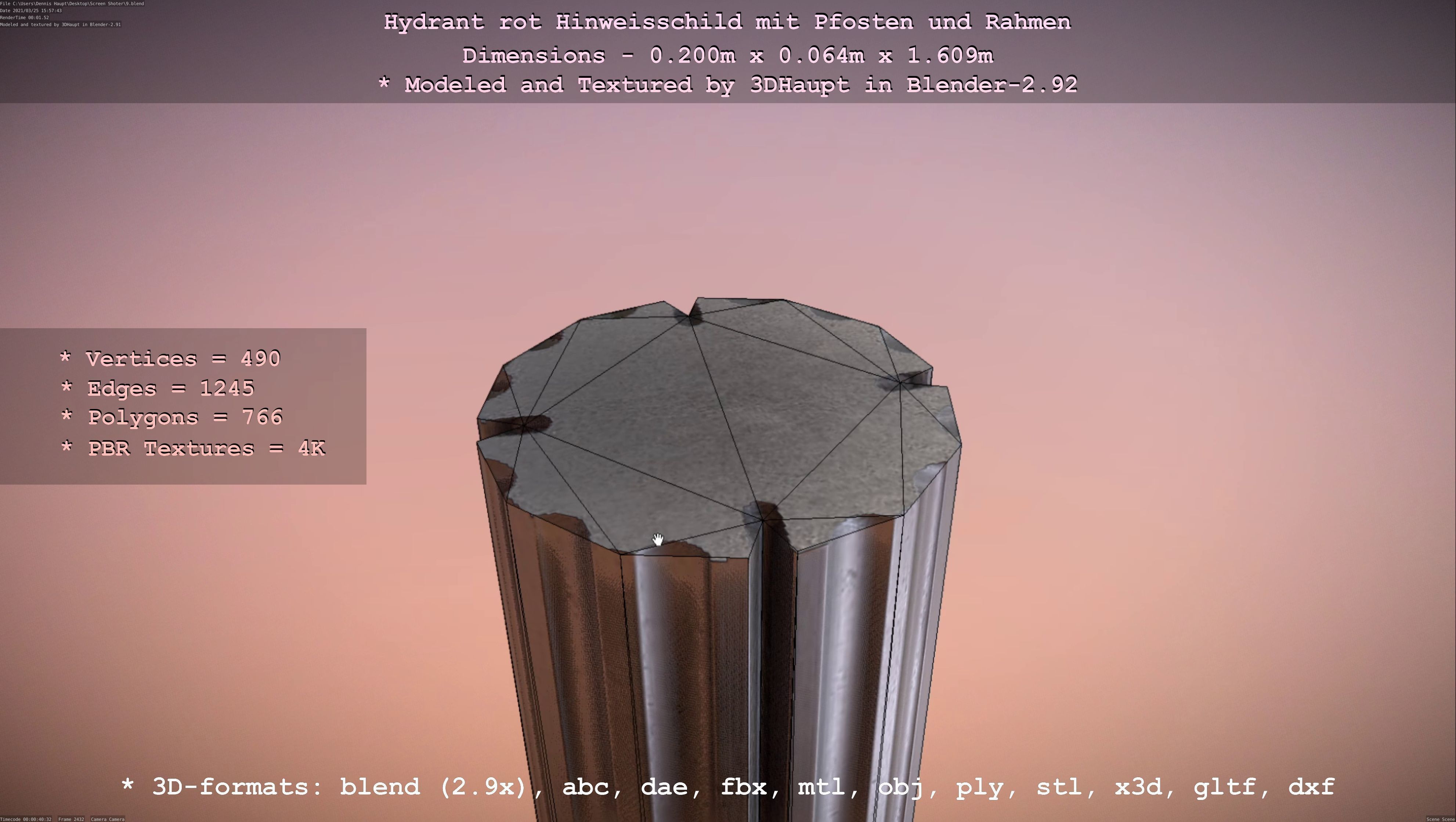 Hinweisschild Hydrant Rot mit Pfosten und Rahmen Low-poly 3D model_15