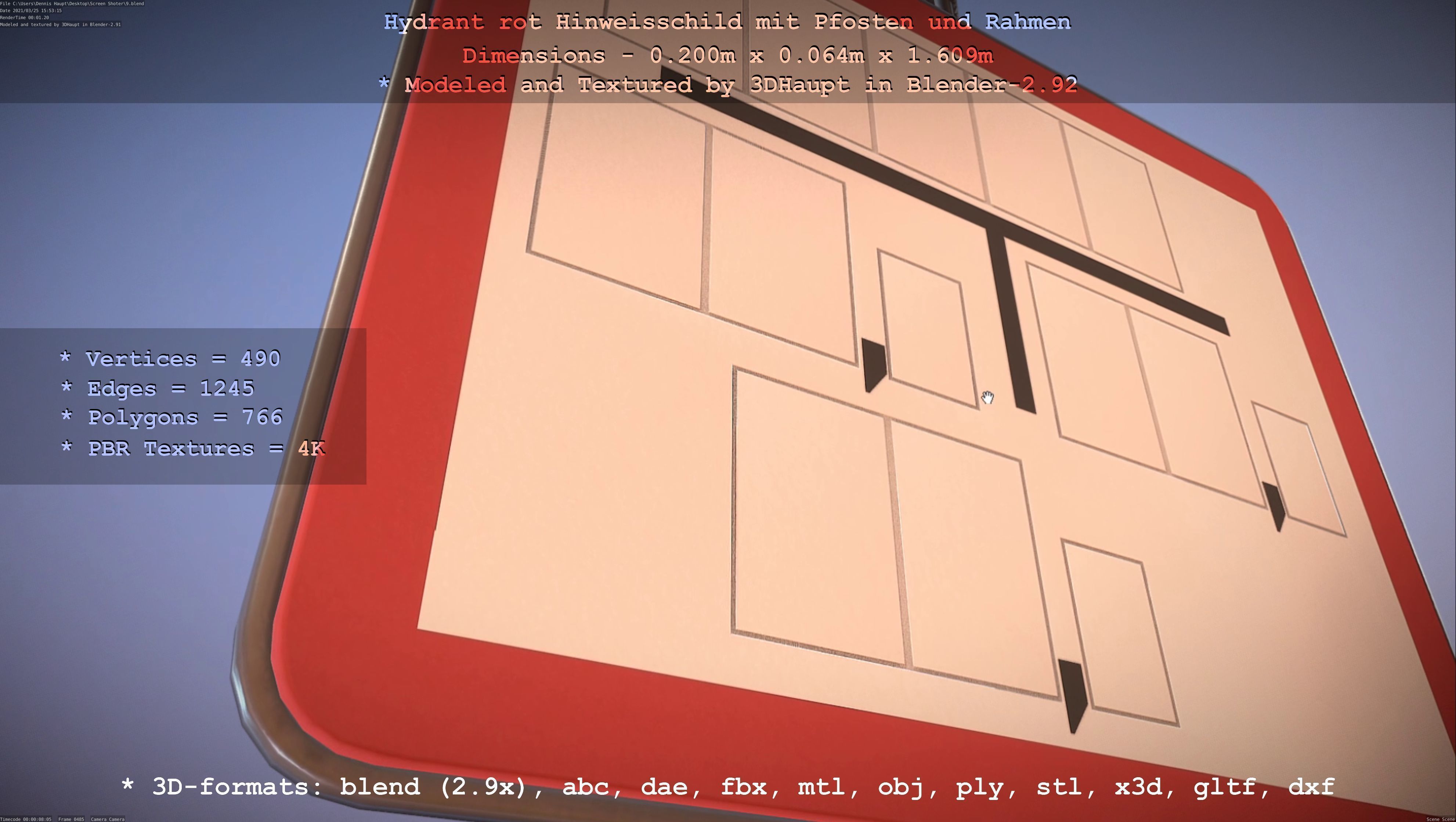 Hinweisschild Hydrant Rot mit Pfosten und Rahmen Low-poly 3D model_91