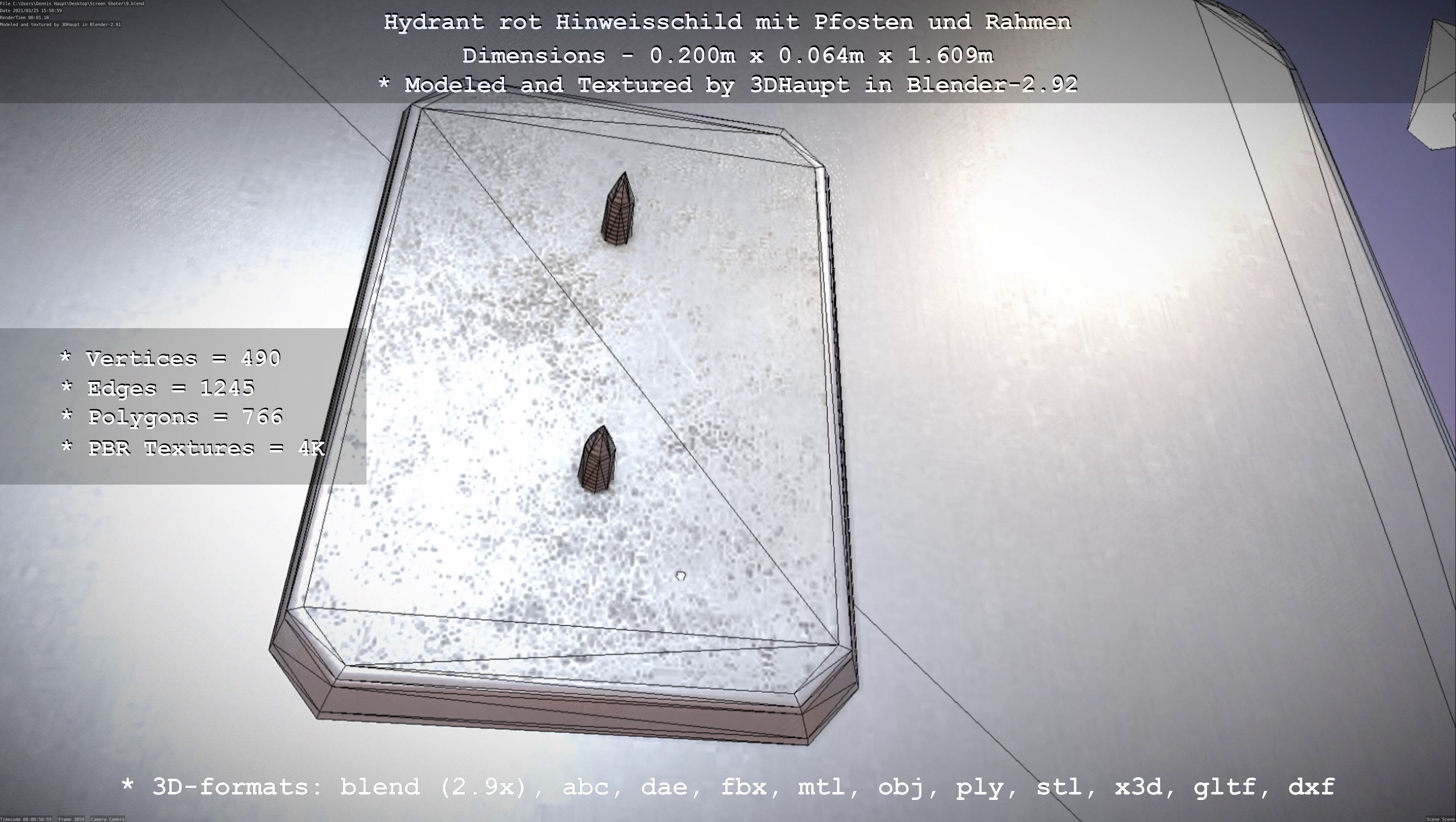 Hinweisschild Hydrant Rot mit Pfosten und Rahmen Low-poly 3D model_18