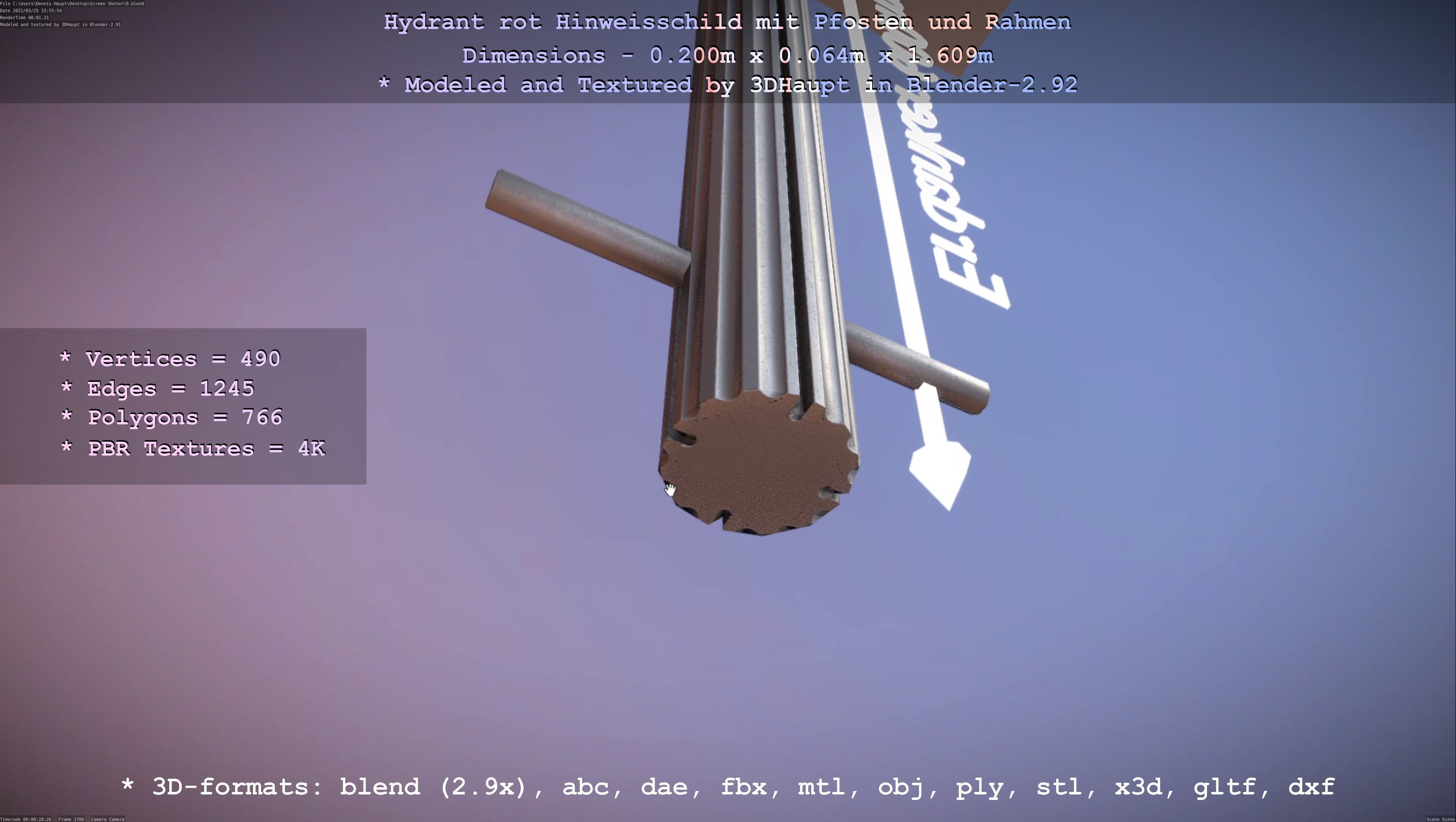 Hinweisschild Hydrant Rot mit Pfosten und Rahmen Low-poly 3D model_7