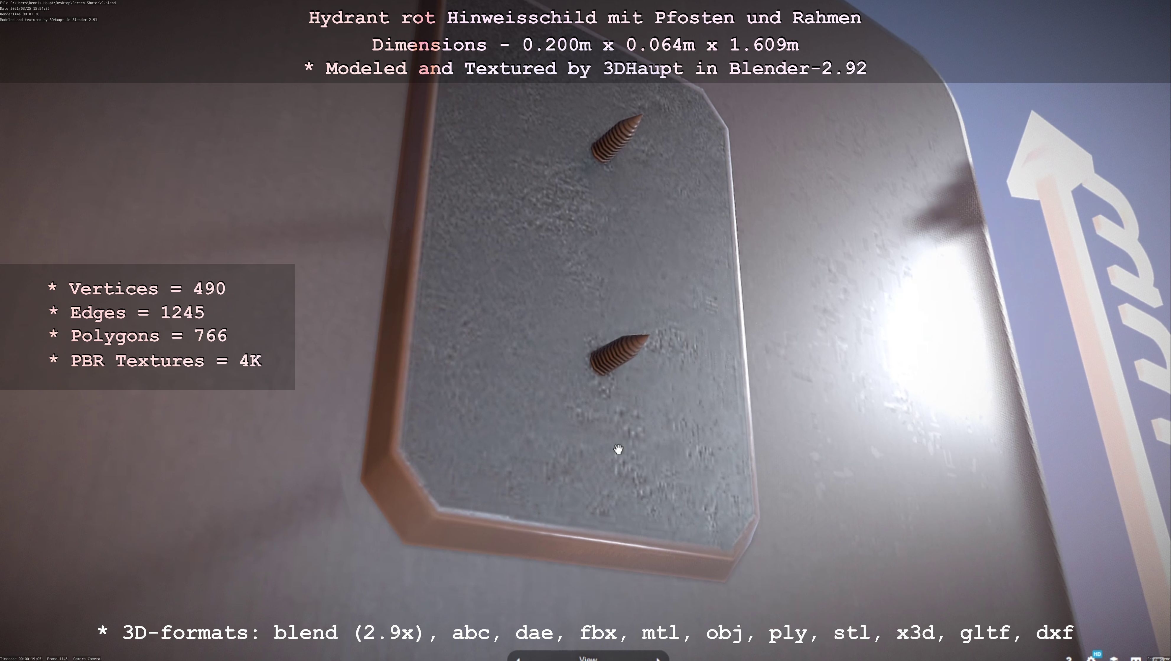 Hinweisschild Hydrant Rot mit Pfosten und Rahmen Low-poly 3D model_32