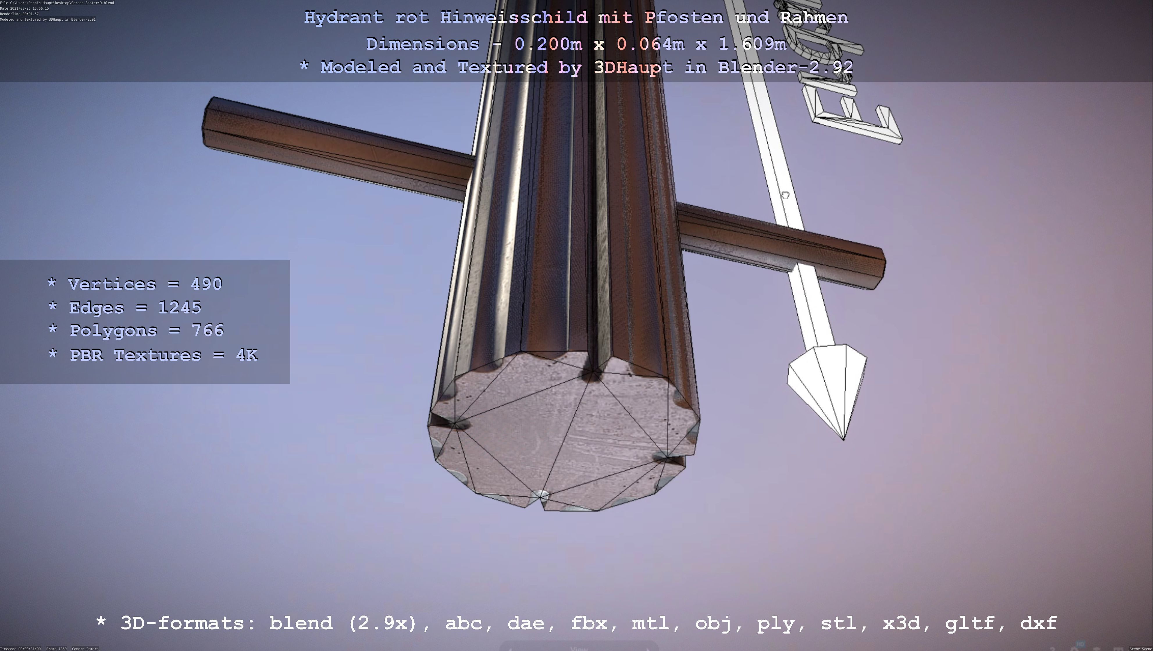 Hinweisschild Hydrant Rot mit Pfosten und Rahmen Low-poly 3D model_9
