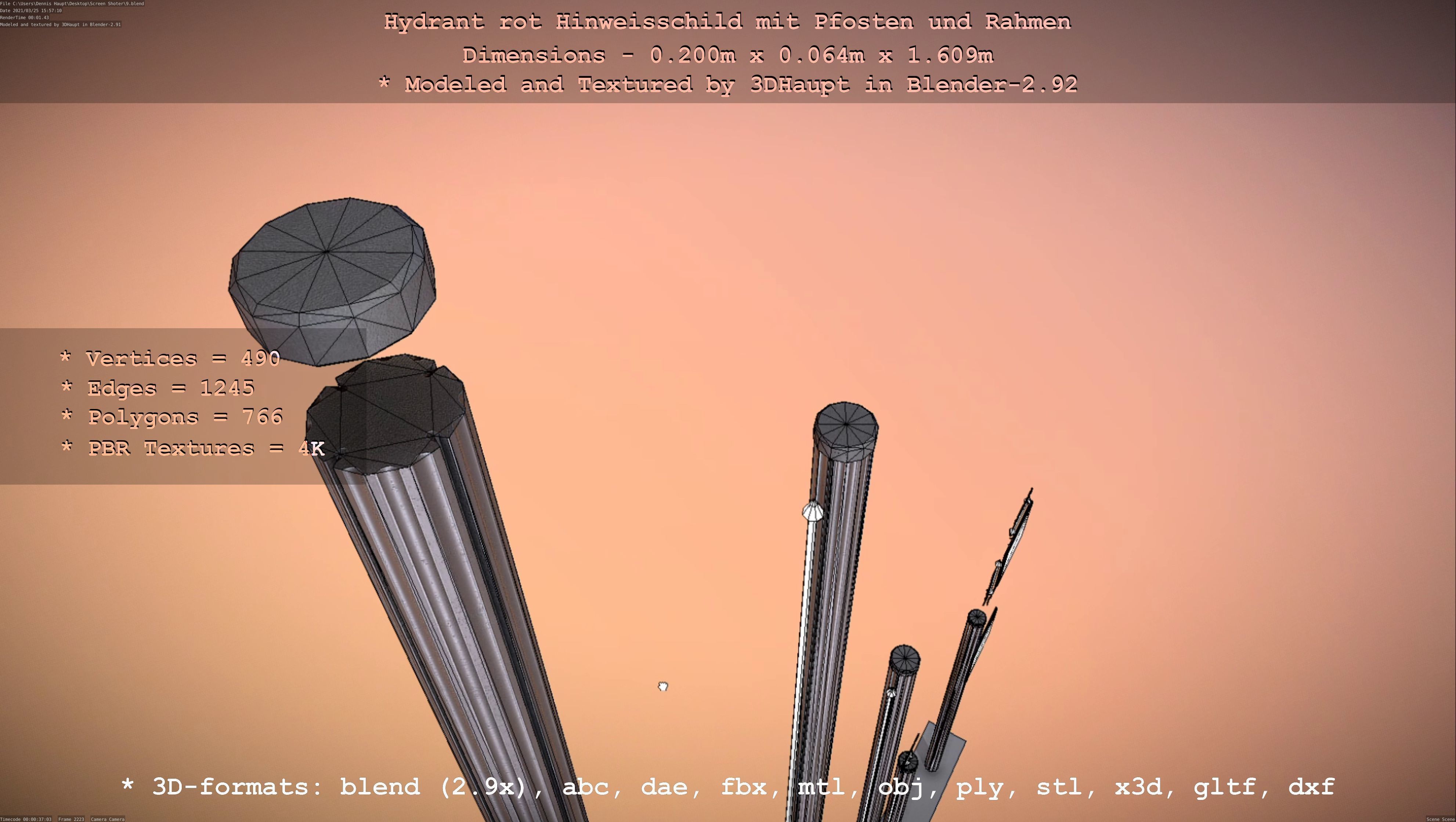 Hinweisschild Hydrant Rot mit Pfosten und Rahmen Low-poly 3D model_58