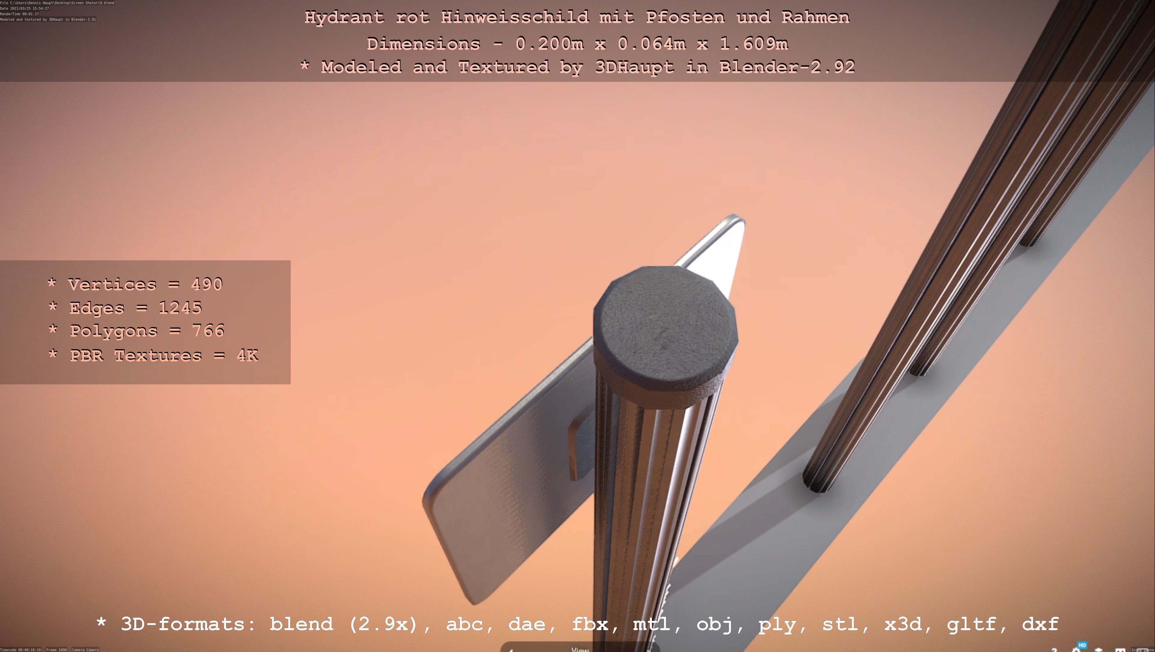 Hinweisschild Hydrant Rot mit Pfosten und Rahmen Low-poly 3D model_132