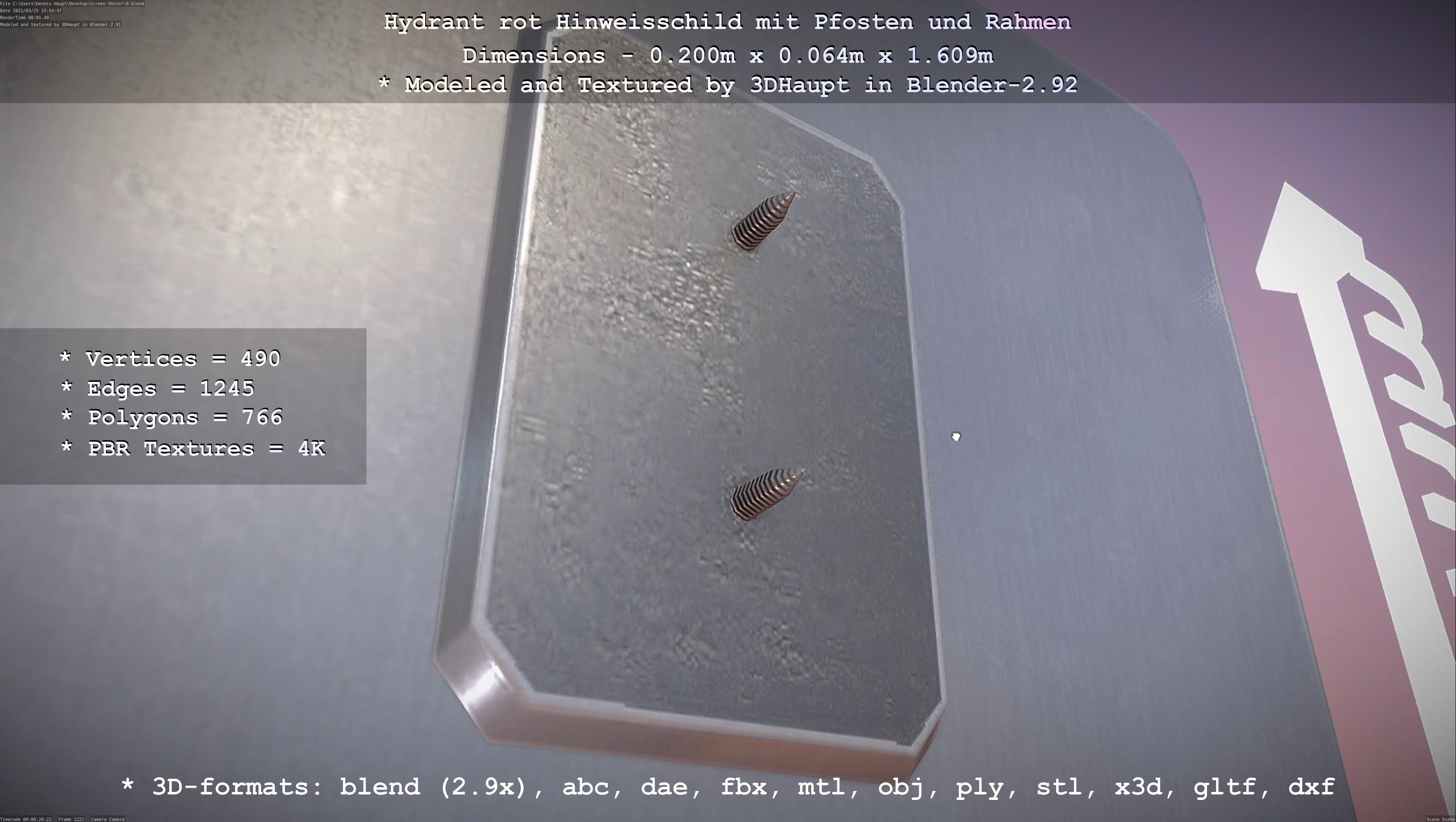 Hinweisschild Hydrant Rot mit Pfosten und Rahmen Low-poly 3D model_123