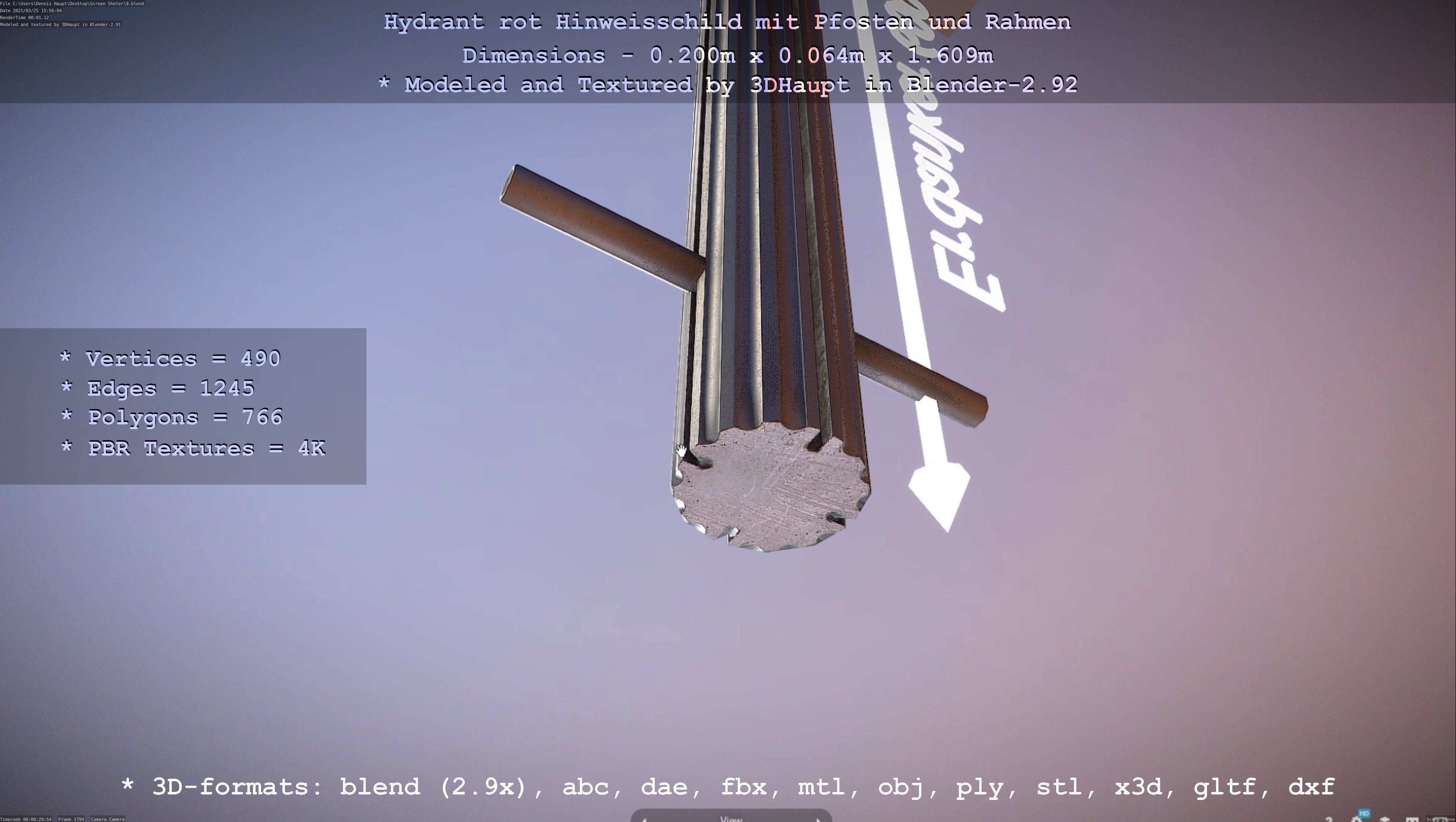 Hinweisschild Hydrant Rot mit Pfosten und Rahmen Low-poly 3D model_41