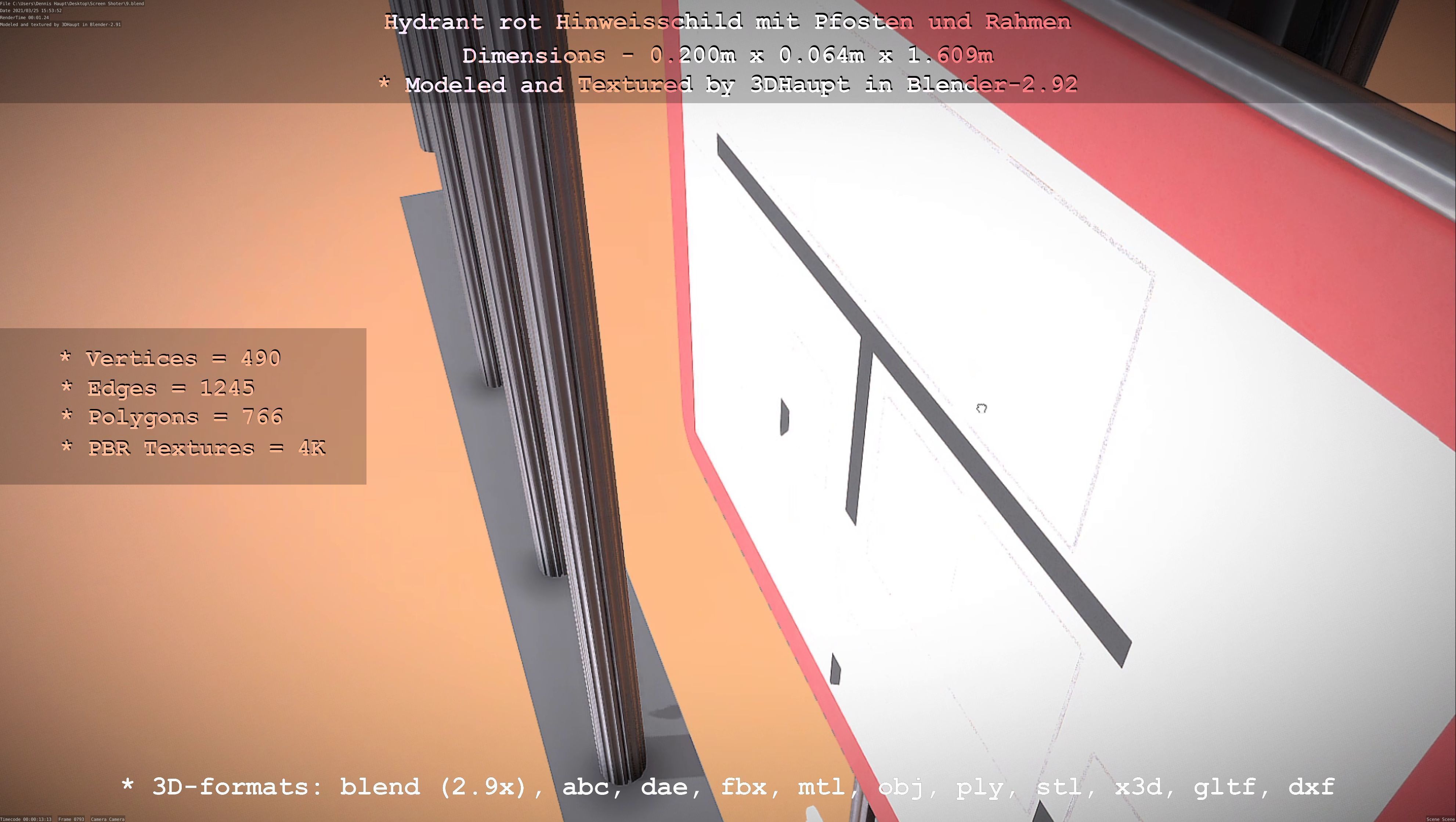 Hinweisschild Hydrant Rot mit Pfosten und Rahmen Low-poly 3D model_121