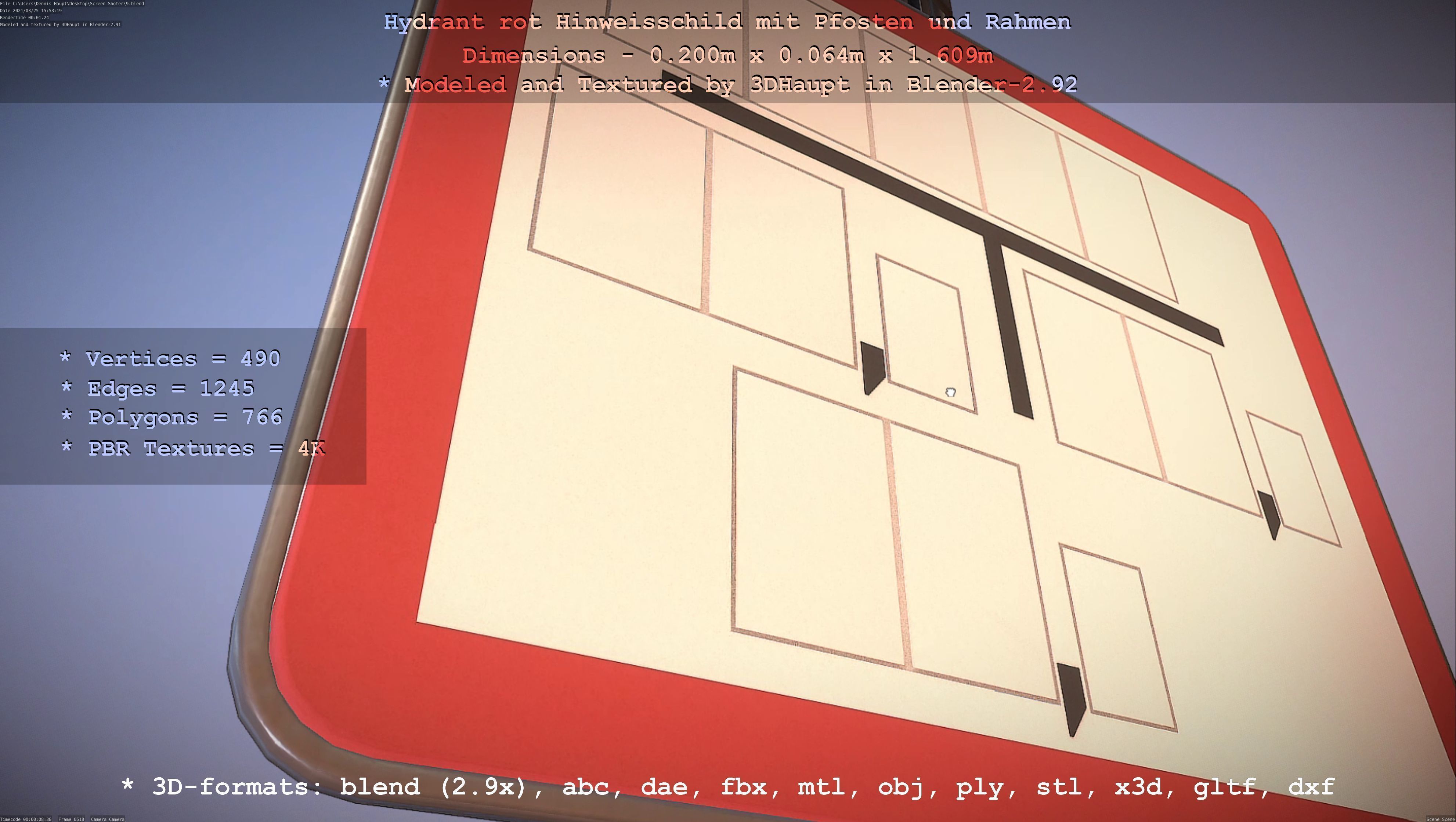 Hinweisschild Hydrant Rot mit Pfosten und Rahmen Low-poly 3D model_2