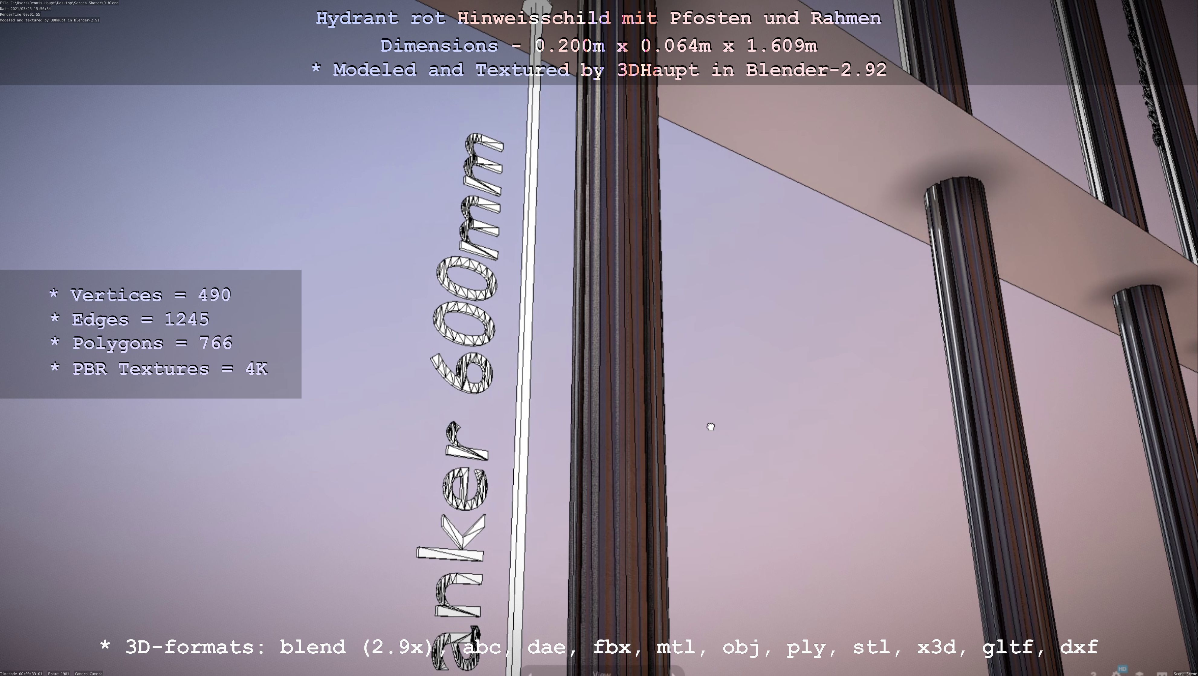 Hinweisschild Hydrant Rot mit Pfosten und Rahmen Low-poly 3D model_51