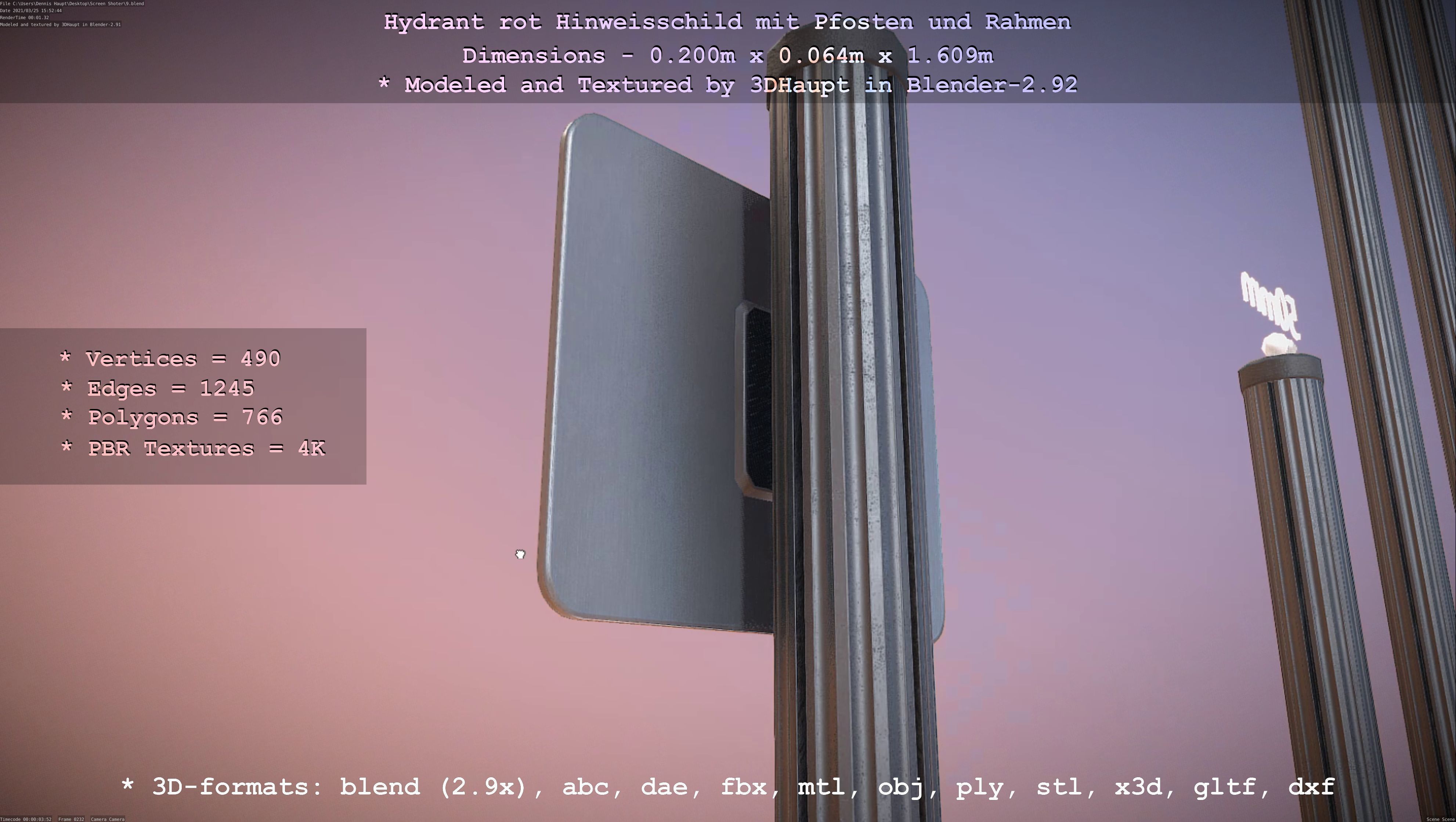 Hinweisschild Hydrant Rot mit Pfosten und Rahmen Low-poly 3D model_98