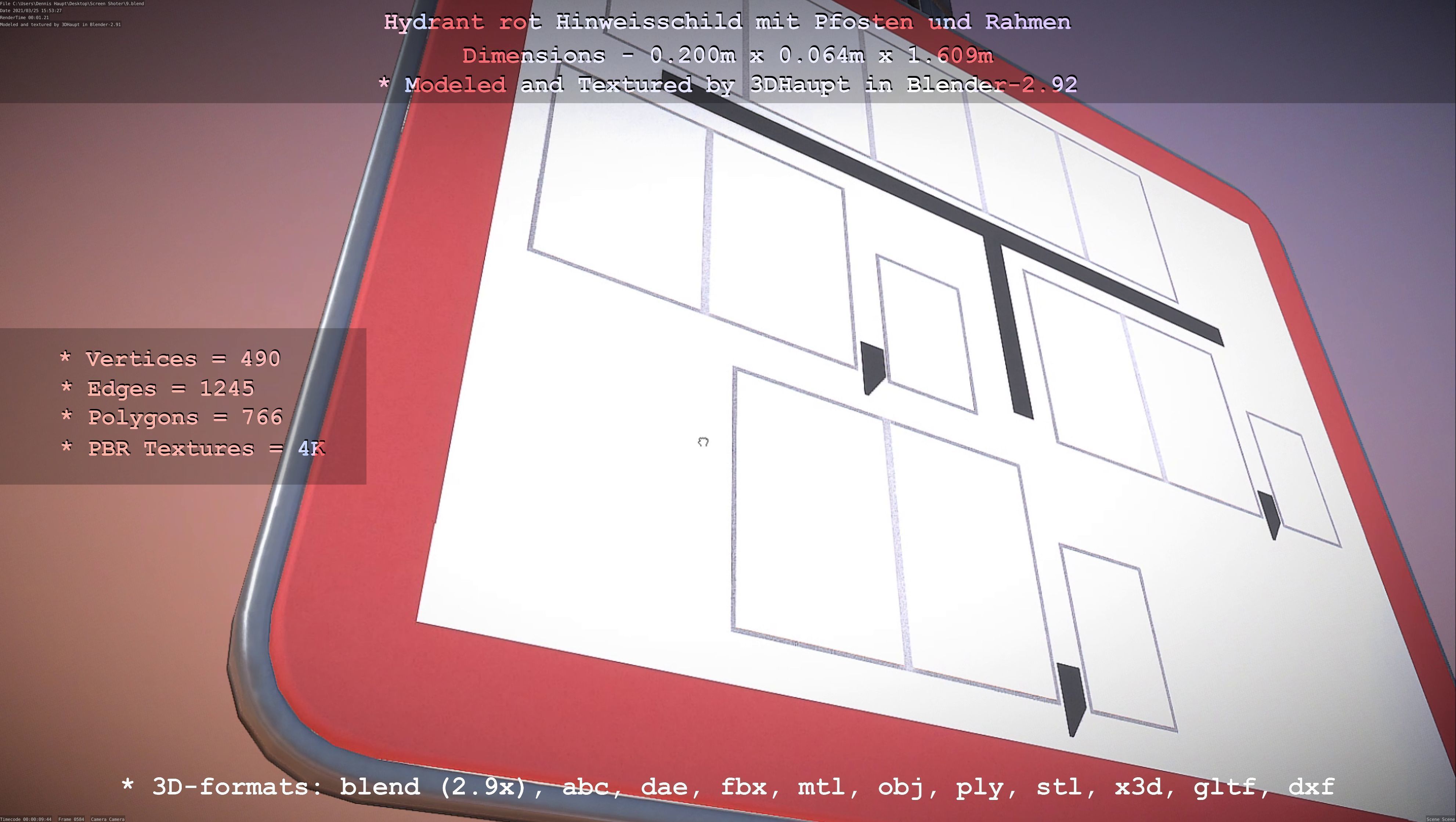 Hinweisschild Hydrant Rot mit Pfosten und Rahmen Low-poly 3D model_94