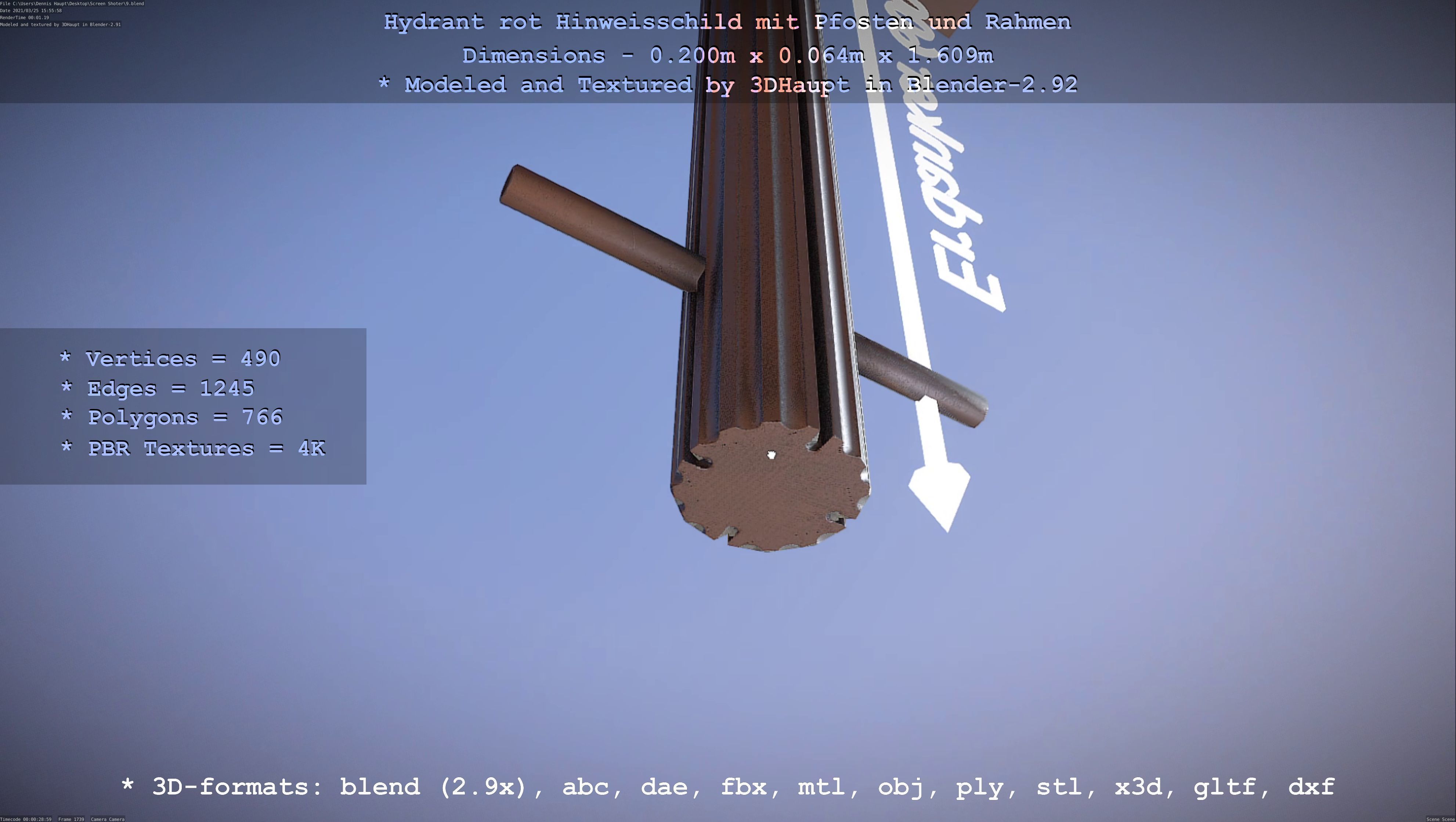 Hinweisschild Hydrant Rot mit Pfosten und Rahmen Low-poly 3D model_46