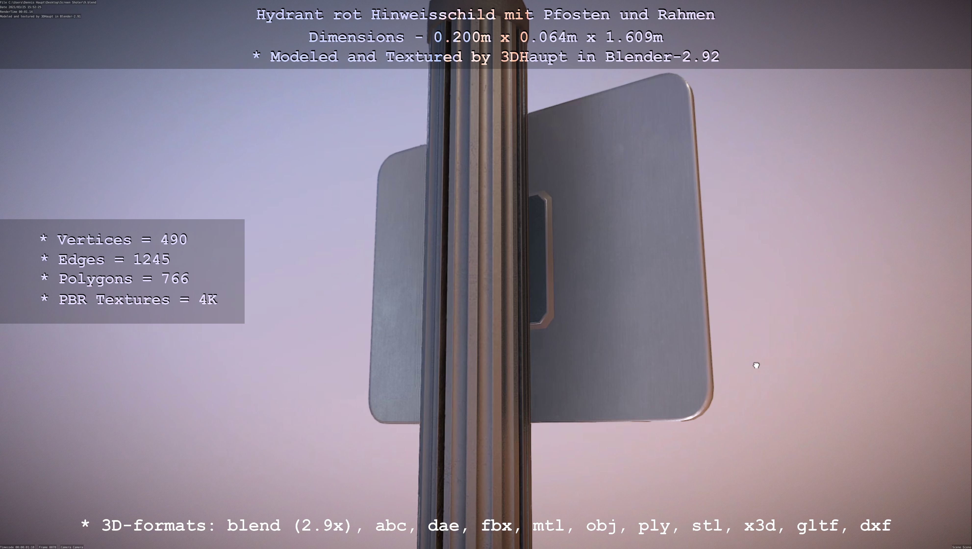 Hinweisschild Hydrant Rot mit Pfosten und Rahmen Low-poly 3D model_130