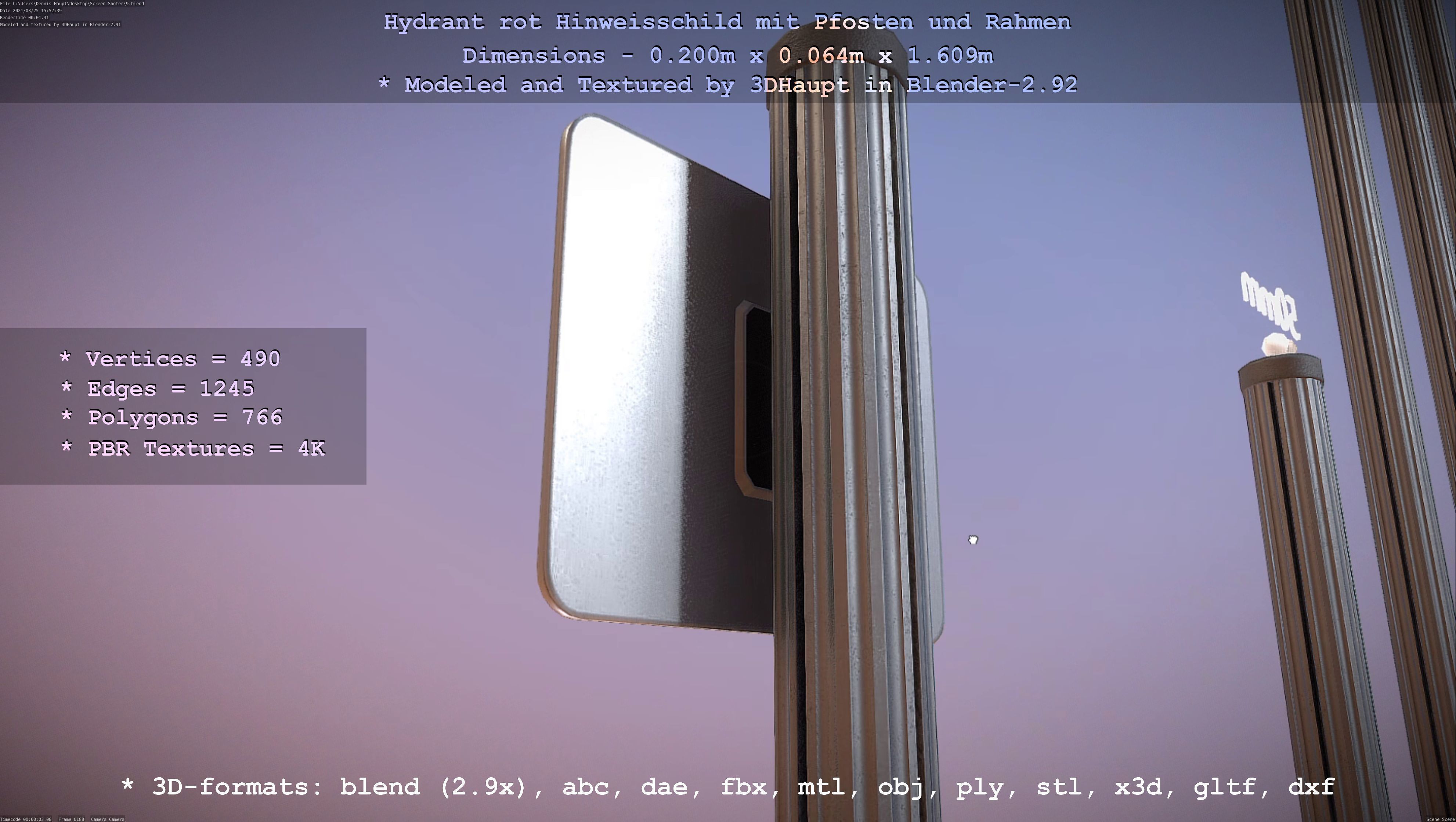 Hinweisschild Hydrant Rot mit Pfosten und Rahmen Low-poly 3D model_25