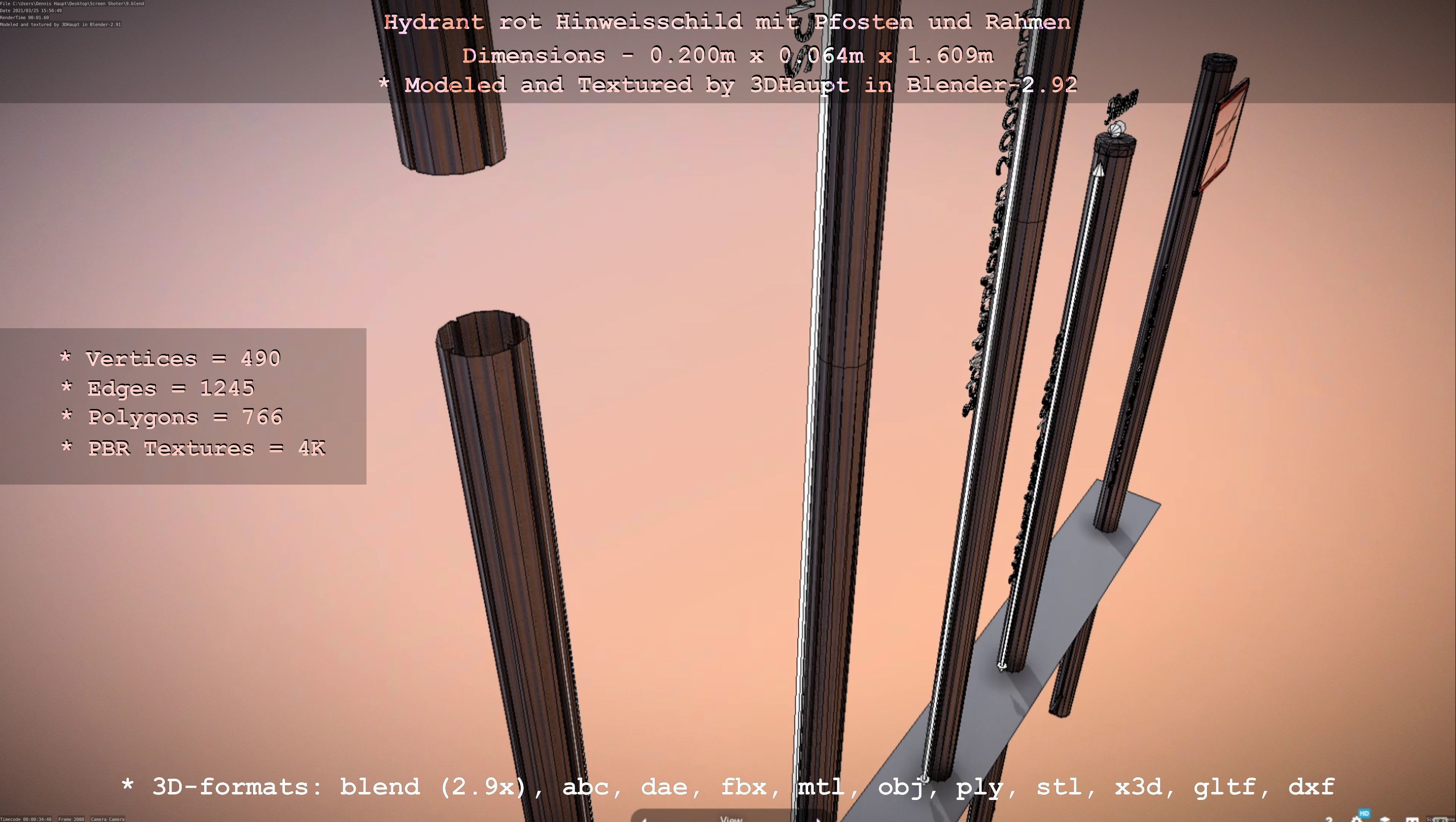 Hinweisschild Hydrant Rot mit Pfosten und Rahmen Low-poly 3D model_53