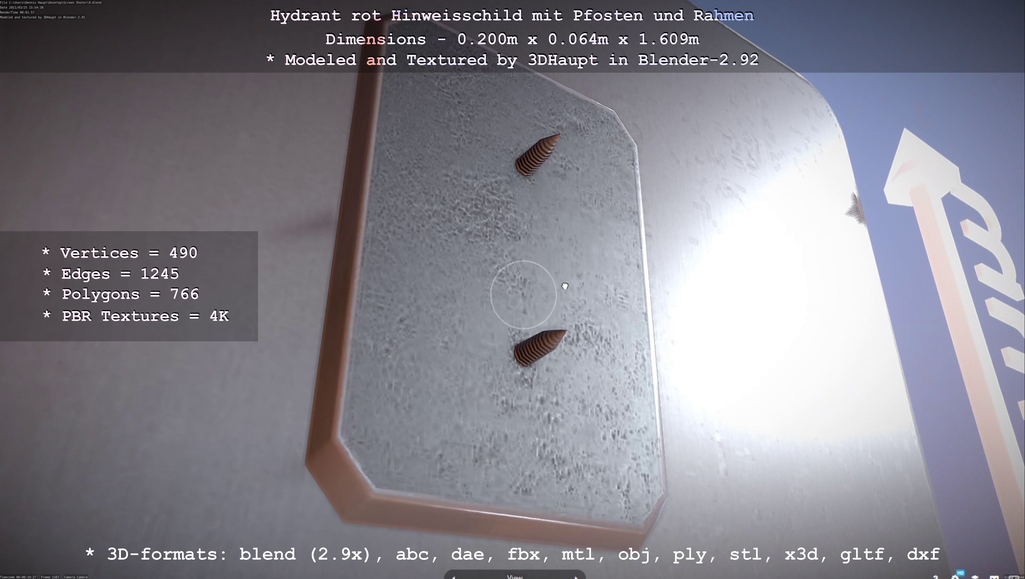 Hinweisschild Hydrant Rot mit Pfosten und Rahmen Low-poly 3D model_33