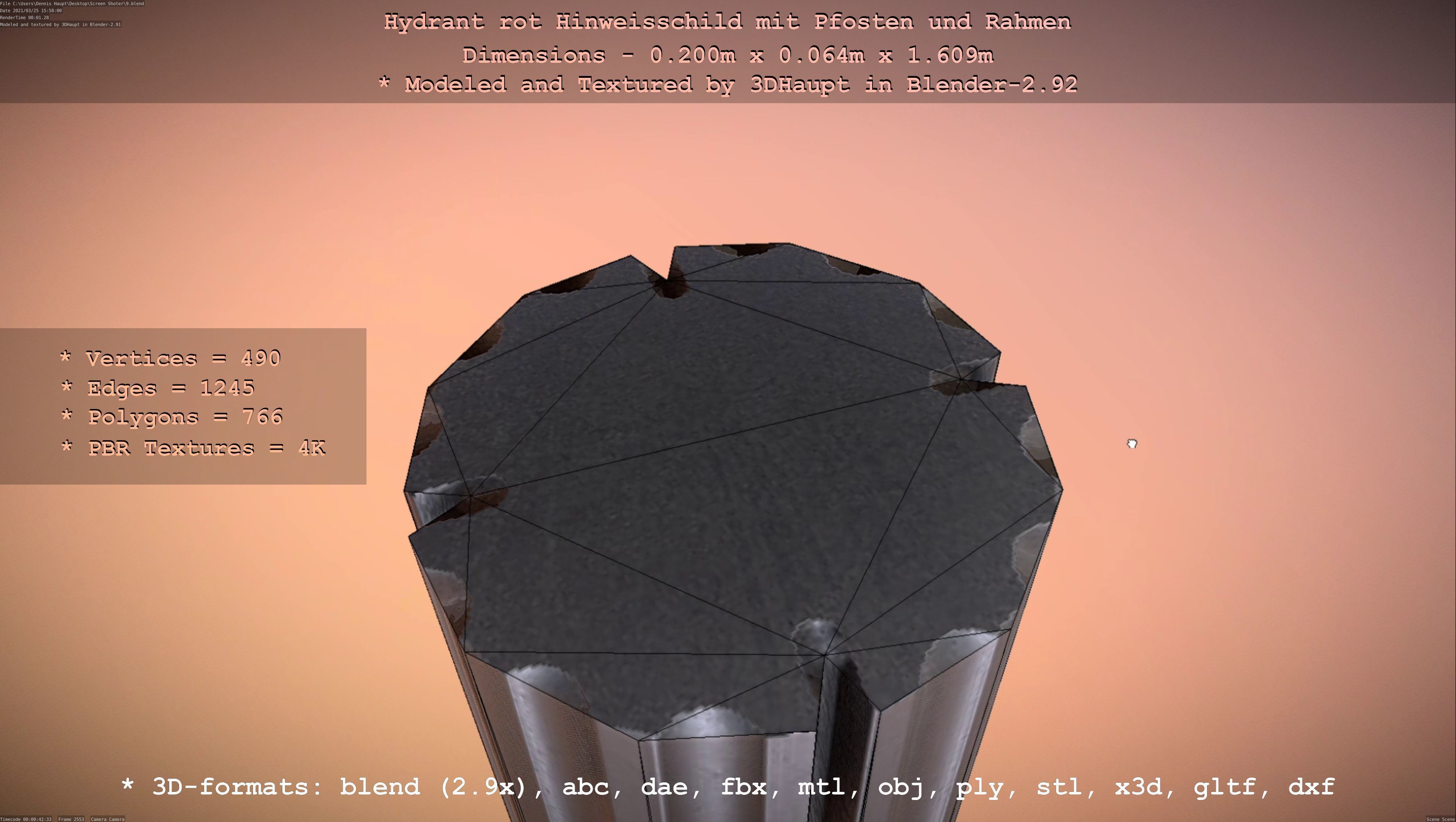 Hinweisschild Hydrant Rot mit Pfosten und Rahmen Low-poly 3D model_74