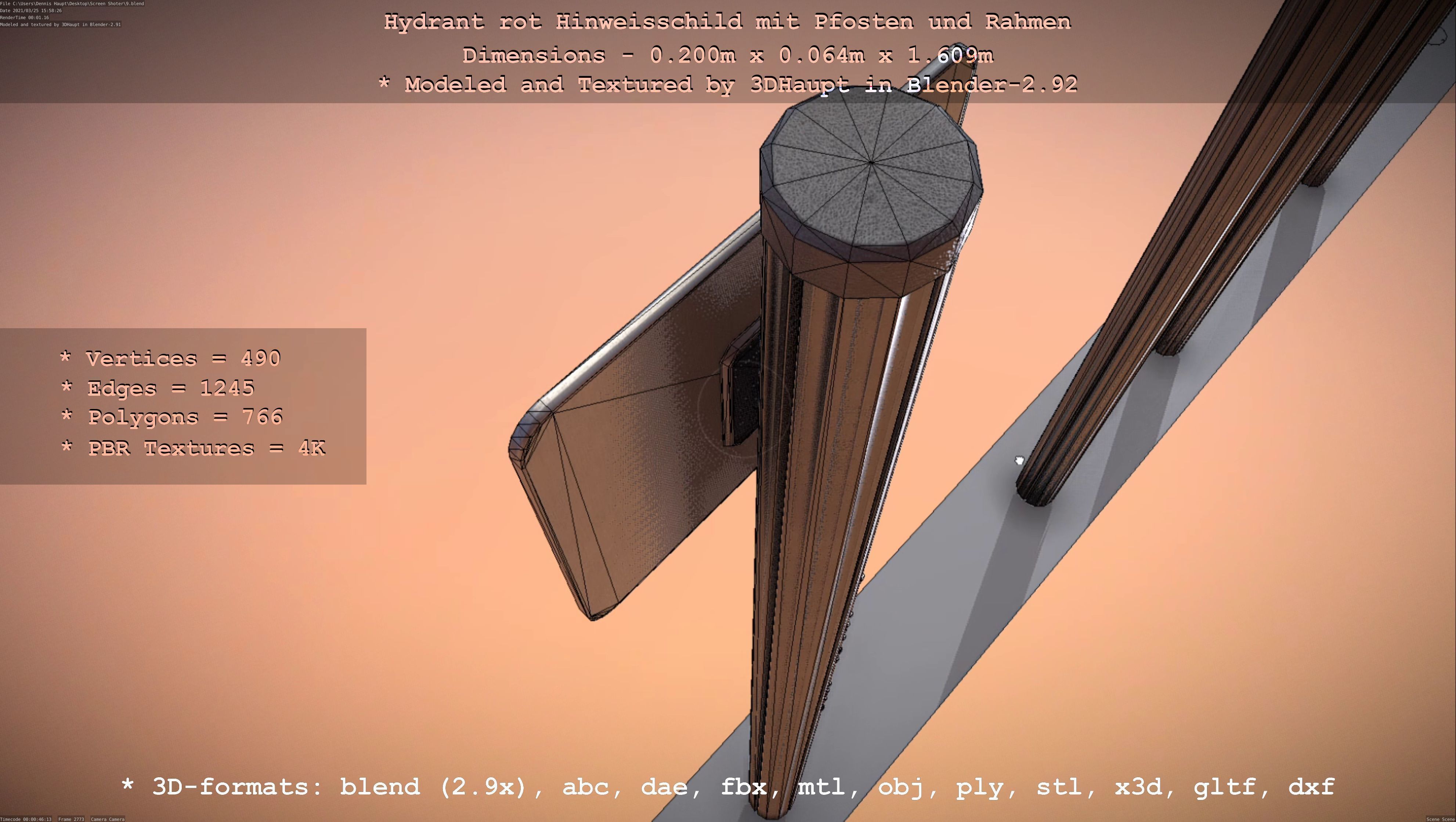 Hinweisschild Hydrant Rot mit Pfosten und Rahmen Low-poly 3D model_81