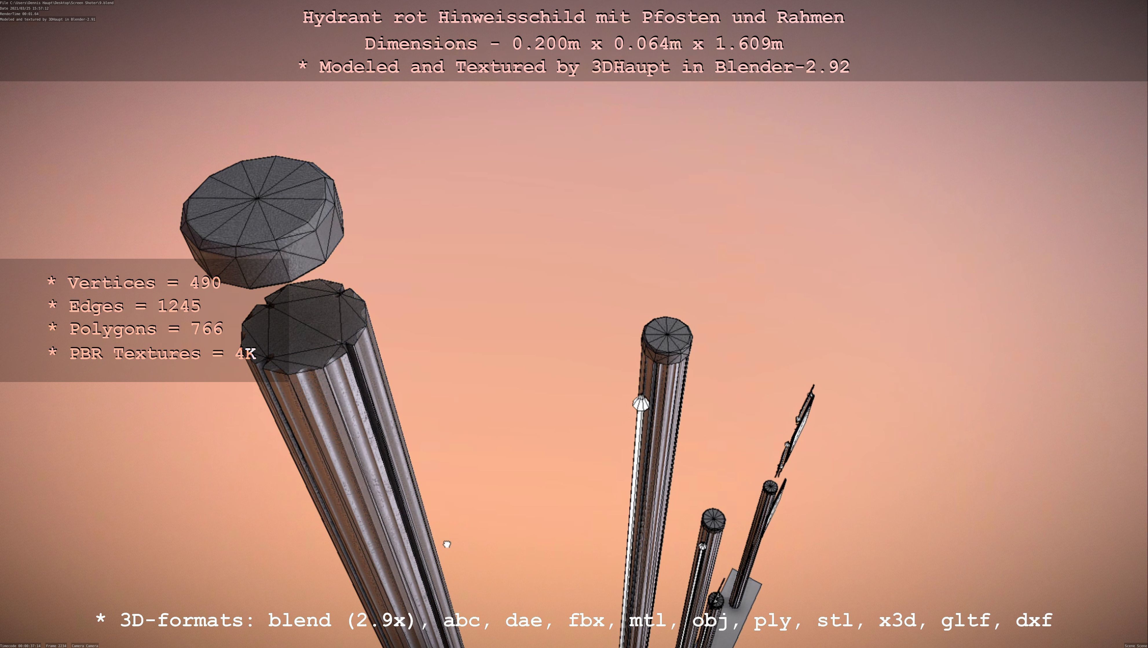 Hinweisschild Hydrant Rot mit Pfosten und Rahmen Low-poly 3D model_12