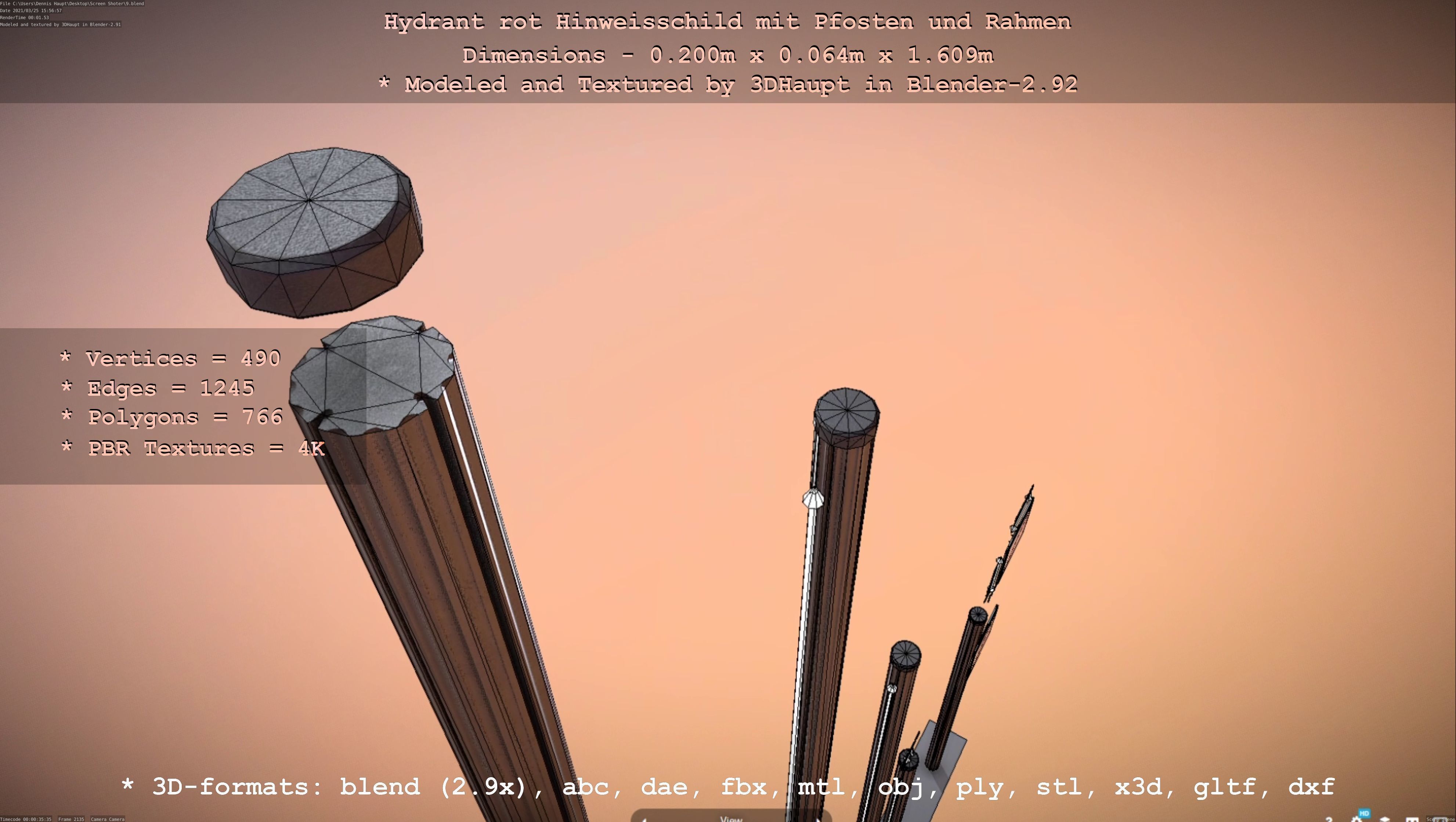 Hinweisschild Hydrant Rot mit Pfosten und Rahmen Low-poly 3D model_11