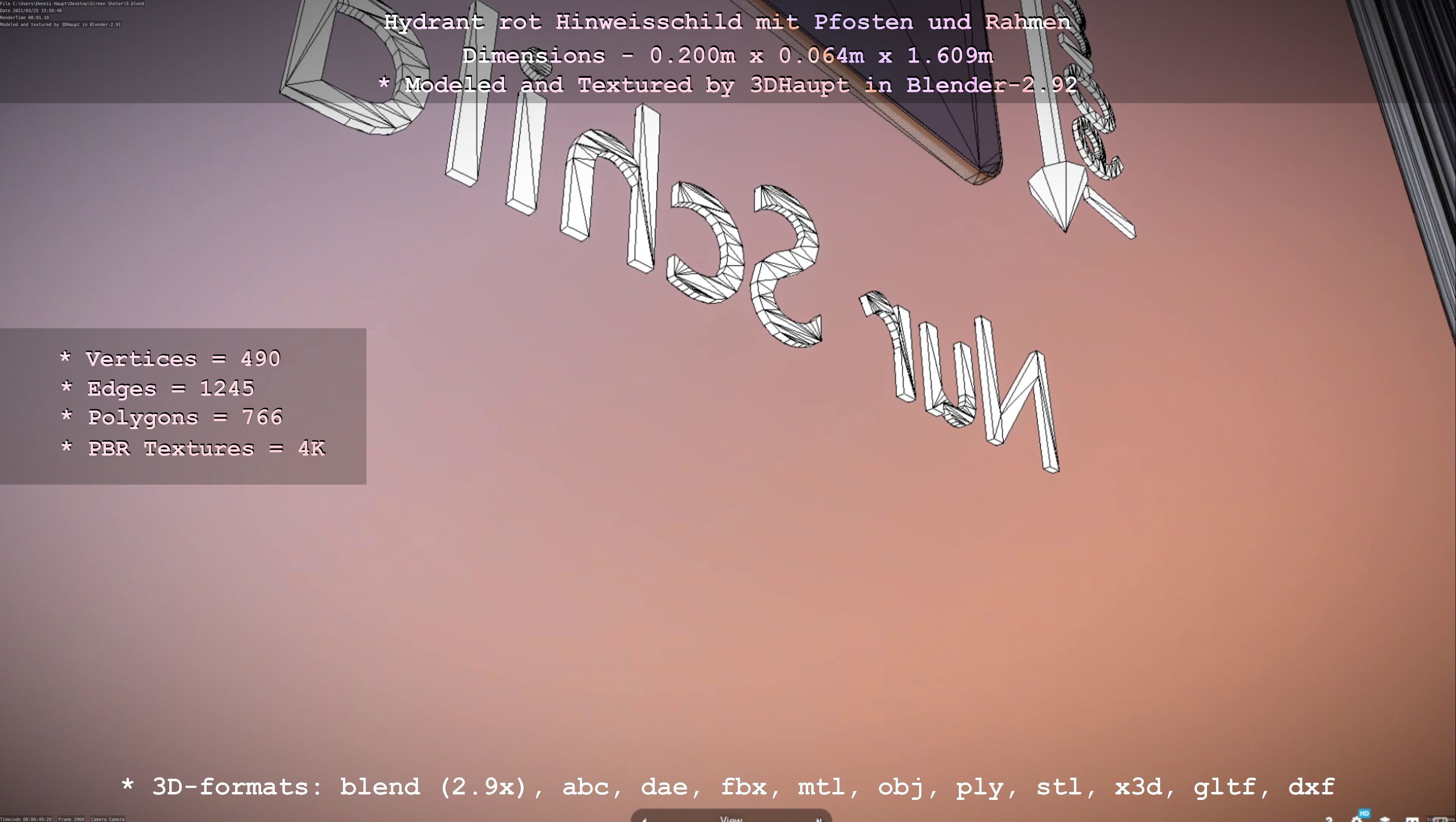 Hinweisschild Hydrant Rot mit Pfosten und Rahmen Low-poly 3D model_82