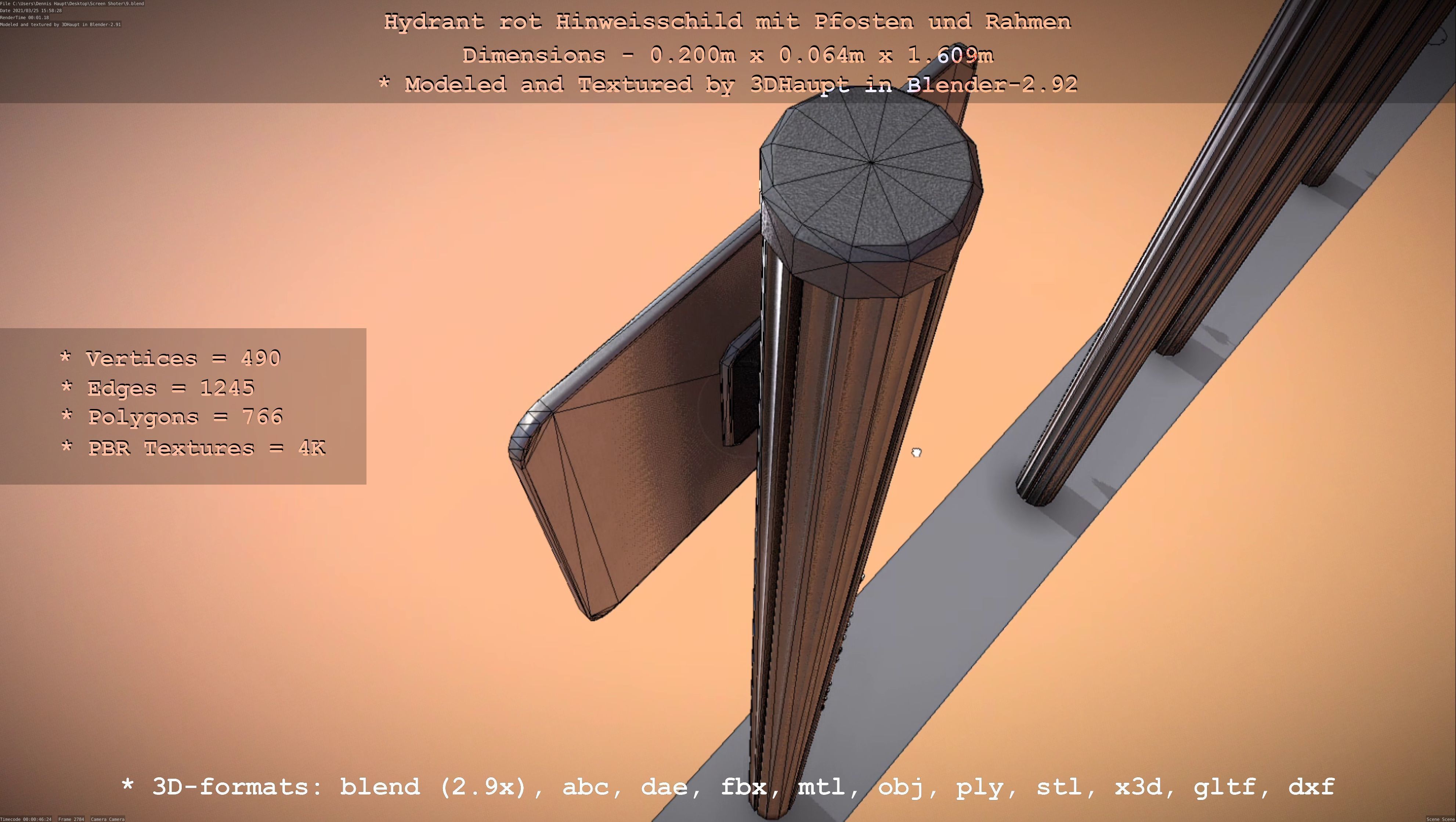 Hinweisschild Hydrant Rot mit Pfosten und Rahmen Low-poly 3D model_122