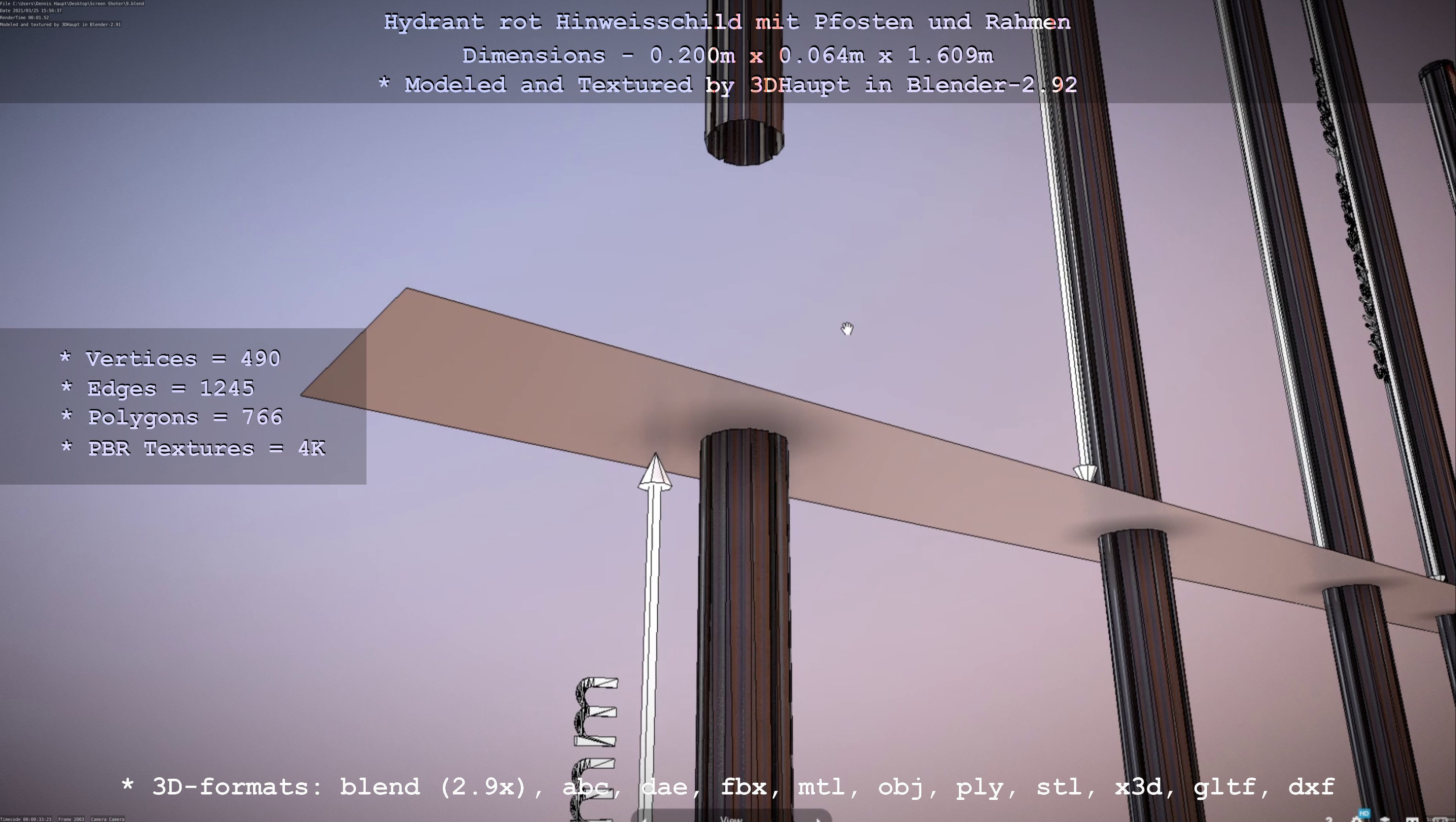 Hinweisschild Hydrant Rot mit Pfosten und Rahmen Low-poly 3D model_48