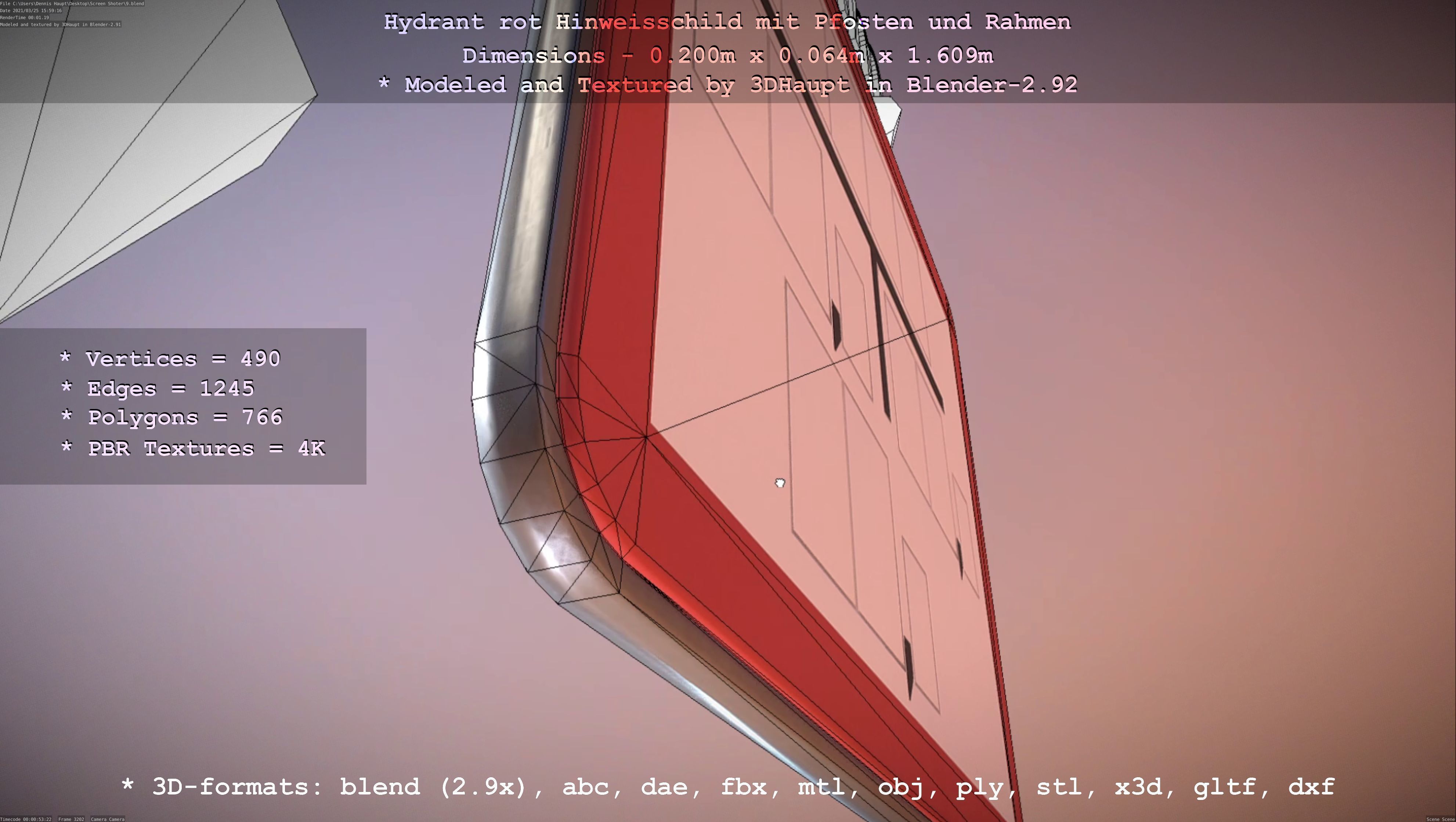 Hinweisschild Hydrant Rot mit Pfosten und Rahmen Low-poly 3D model_90