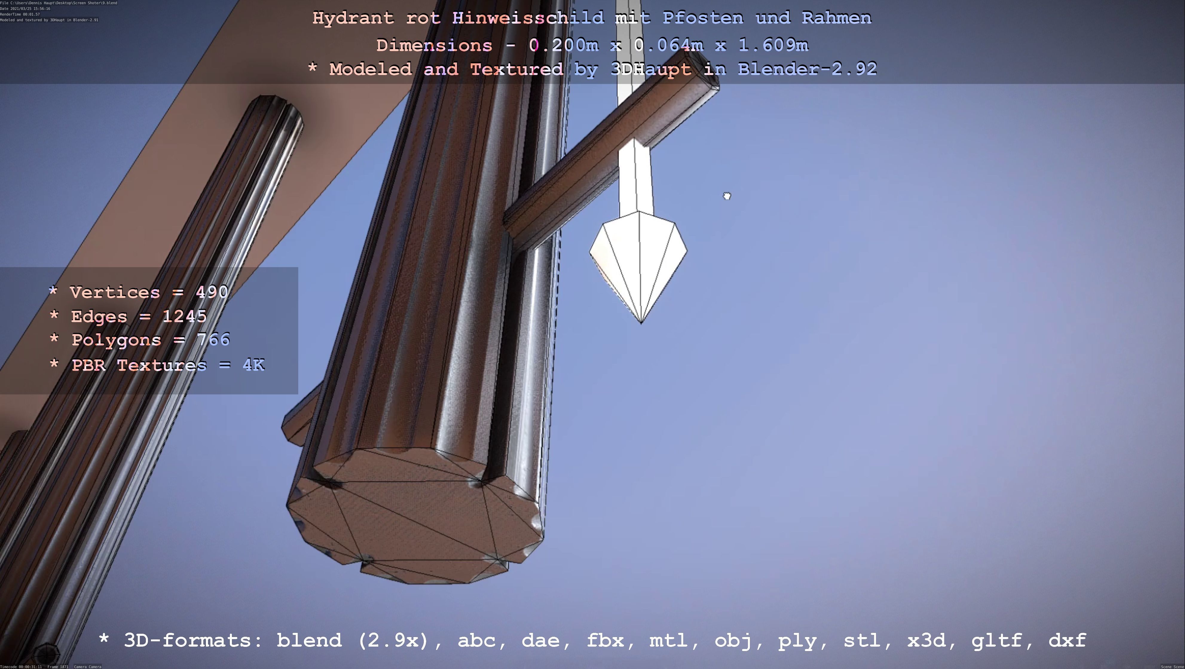 Hinweisschild Hydrant Rot mit Pfosten und Rahmen Low-poly 3D model_10