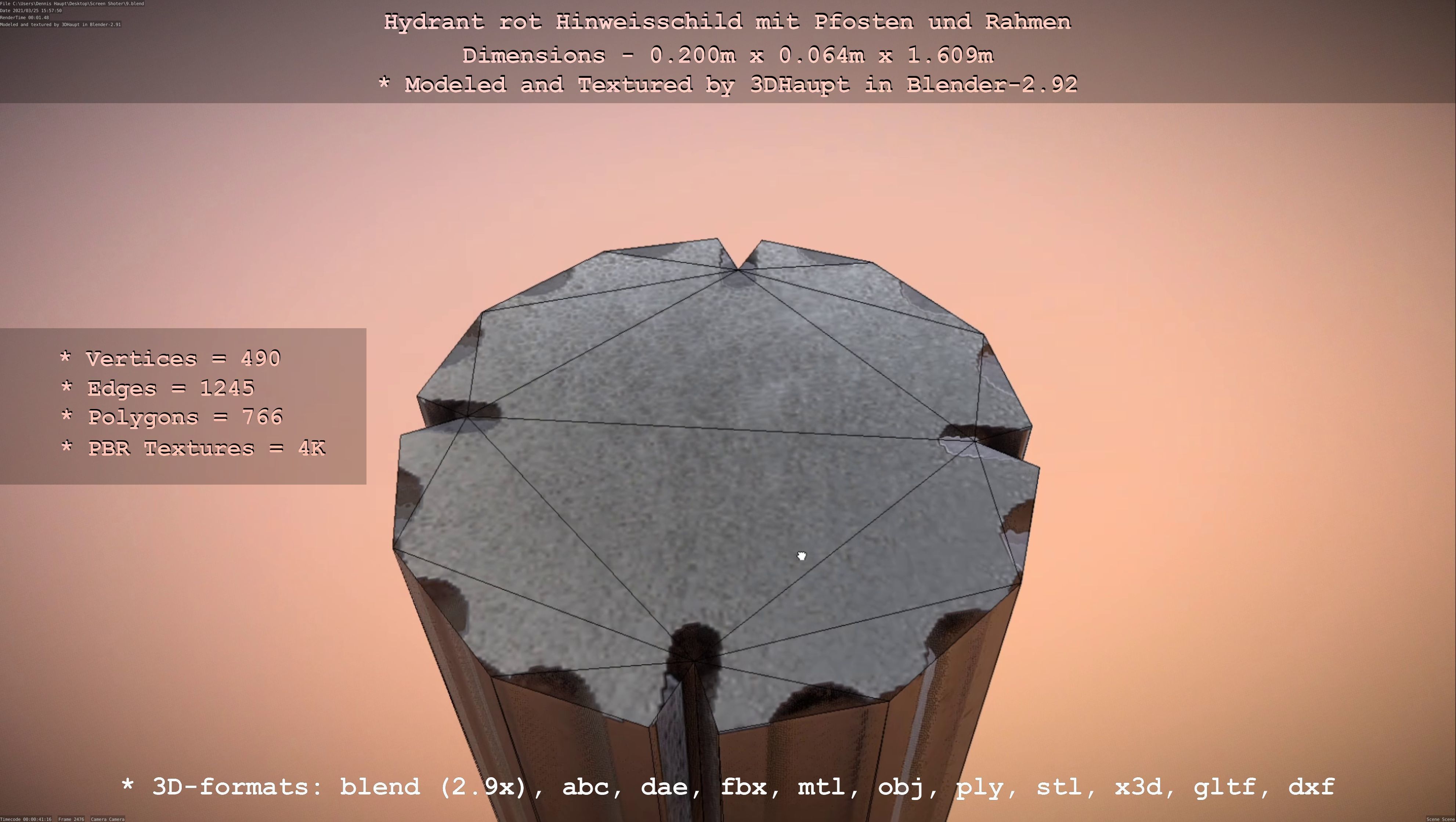 Hinweisschild Hydrant Rot mit Pfosten und Rahmen Low-poly 3D model_70